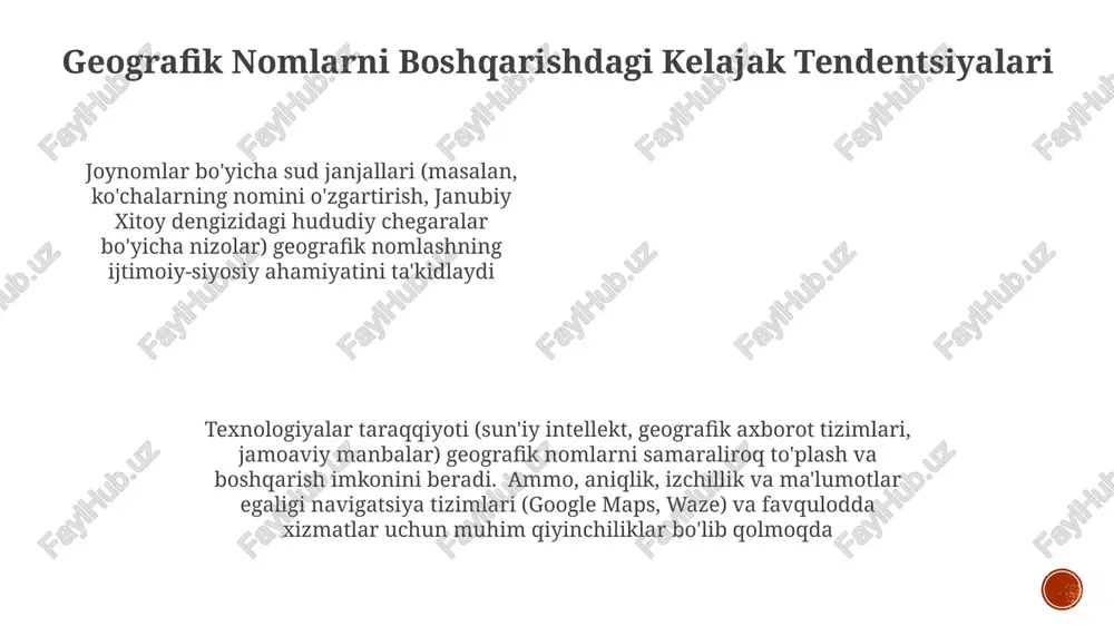 ash xatlari) taqdim etishni o'z ichiga oladi geografiya nomlash amaliyoti: muvaffaqiyatli misollar jahon boʻylab geografik nomlash boʻyicha muvaffaqiyatli tadqiqotlar huquqiy murakkabliklarni koʻrsatadi. misol uchun, alyaskadagi aniq yer oʻlchovi va kanadaning nunavut hududida mahalliy tillarni saqlash, 200 dan ortiq rasmiy joy nomlariga ta'sir qiladi xalqaro huquqiy hujjatlar, masalan, bmt geografik nomlar bo'yicha ekspertlar guruhi (ungegn) ko'rsatmalari, 150 dan ortiq mamlakatda nomlarni standartlashtirish va uyg'unlashtirish bo'yicha global eng yaxshi amaliyotlarni taklif etadi ko'p tillilikning ahamiyati amaliy qo'llanmalarda, tarixiy va madaniy kontekstlarni o'z ichiga olgan holda namoyon bo'ladi. masalan, shimoliy amerikada va okeaniyaning ayrim qismlarida ikki tilli nomlash tizimlari (masalan, ingliz va mahalliy tillar) tobora ko'proq qo'llanilmoqda geografik nomlarning xalqaro standartlari amaliy qo'llanmalar turli manfaatdor tomonlarni o'z ichiga oladi: kartograflar, gis mutaxassislari (arcgis kabi dasturlarni ishlatib), mahalliy hokimiyatlar (joy nomlarini ro'yxatdan o'tkazishda) va izchil ma'lumotlarga muhtoj xalqaro tashkilotlar (bmt agentliklari) hududiy nomlashni geografik nomlar bo'yicha ma'lumotnomalar va bazalar (masalan, gnis, geonames) orqali tartibga …