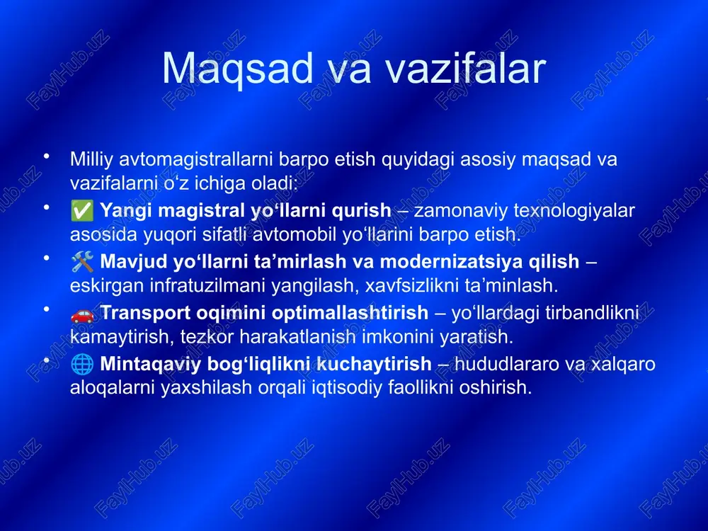 i, islom taraqqiyot banki kabi tashkilotlar kredit va grantlar ajratmoqda. ular yordamida yirik transport koridorlari moliyalashtirilmoqda. 🤝 xususiy sektor va ppp (davlat-xususiy sheriklik) yangi model bo‘lib, xususiy investorlar ishtirokida yo‘llar quriladi yoki boshqariladi. to‘lovli yo‘llar va xizmat infratuzilmasi uchun qo‘llaniladi. 🛣 yo‘l jamg‘armalari avtotransportdan tushadigan to‘lovlar (yo‘l solig‘i, litsenziya yig‘imlari) maxsus jamg‘armalarda to‘planadi. magistrallarni ekspluatatsiya qilish avtomagistrallar qurilishi bilan birga ularni sifatli ekspluatatsiya qilish, ya’ni muntazam texnik xizmat ko‘rsatish va xavfsizlikni ta’minlash muhimdir. 🛠 doimiy texnik xizmat ko‘rsatish yo‘l yuzasini muntazam ta’mirlash, belgilarning yangilanishi. yomg‘ir va qor sababli yuzaga keladigan shikastlarni bartaraf etish. 🚦 yo‘l harakati xavfsizligi yo‘l belgilari va chiroqlarning aniq va ko‘rinadigan bo‘lishi. favqulodda vaziyatlarga tayyorlik (yo‘l patrul xizmatlari, tez yordam). 📱 mobil aloqa va xizmat infratuzilmasi avtomagistral bo‘ylab aloqa maydonchalarini yaratish. yo‘l bo‘yidagi xizmat punktlari, benzinstansiyalar, dam olish maskanlari. 🌍 aqlli yo‘llar va monitoring tizimlari transport oqimini nazorat qilish uchun sensorlar va kamera tizimlari. yo‘l holatini real …