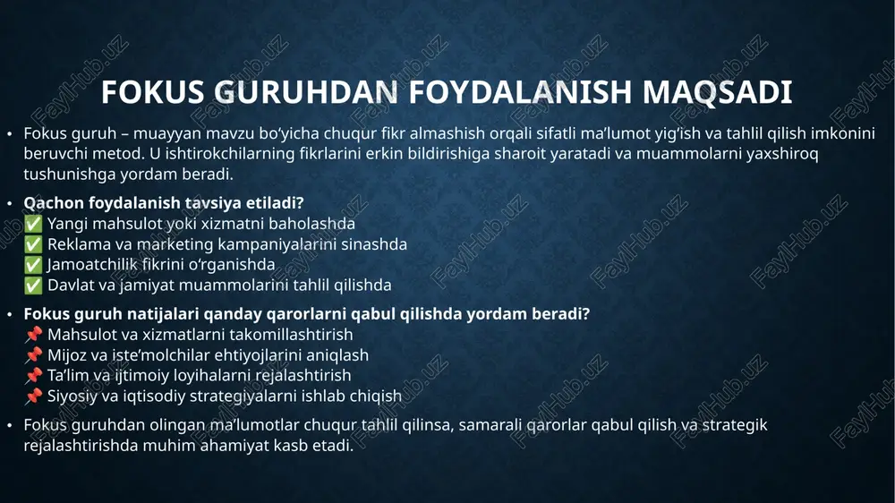 kchilarning erkin fikr bildirishiga yordam beradi va tadqiqotning sifatini oshiradi. moderatorning roli va malakalari fokus guruhning samarali o‘tishi ko‘p jihatdan moderatorning malakasi va boshqaruv uslubiga bog‘liq. u ishtirokchilar o‘z fikrlarini erkin bildirishlari uchun qulay muhit yaratishi va muhokamani nazorat qilishi lozim. 1. moderatorning vazifalari ✅ muhokamani boshqarish va asosiy mavzudan chetga chiqmaslikka yordam berish. ✅ ishtirokchilarga so‘z berish va ularning fikrlarini tinglash. ✅ muhitni qulay va ishonchli qilish, barcha ishtirokchilarni faol bo‘lishga undash. 2. samarali muhokama olib borish usullari 🔹 savollarni aniq va tushunarli tarzda berish. 🔹 suhbatni jonlantirish uchun ochiq savollar berish. 🔹 kamgap yoki uyatchan ishtirokchilarni ham faol fikr bildirishga undash. 🔹 muhokama davomida neytral pozitsiyani saqlash va biror fikrni qo‘llab-quvvatlamaslik. 3. nizo va muammolarni hal qilish 📌 kelishmovchiliklar yuzaga kelsa, moderator muhokamani konstruktiv yo‘nalishga burishi kerak. 📌 juda faol yoki tajovuzkor ishtirokchilarni muloyimlik bilan muvozanatga keltirish lozim. 📌 bahs-munozaralar haddan oshib ketmasligi uchun hammani hurmat bilan fikr …