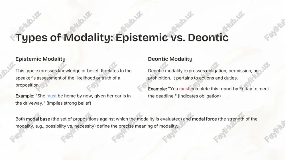 .app/?utm_source=made-with-gamma common mistakes and usage tips mastering modality requires attention to specific grammatical rules and careful selection of terms. avoid these common pitfalls: • no -s/ -es endings: never add -s or -es to modal verbs (e.g., not "cans", "musts"). modals remain unchanged regardless of the subject. • no 'do/does' with modals: do not use auxiliary verbs "do" or "does" with modals in questions or negative statements. instead of "do you can swim?", say "can you swim?". instead of "he doesn't must go", say "he mustn't go". • match certainty level: choose modals carefully to match the intended level of certainty, obligation, or possibility. overuse of strong modals can sound aggressive, while overuse of weak modals can diminish impact. • placement and form: practice correct modal verb placement (before the main verb) and ensure the main verb is in its base form. https://gamma.app/?utm_source=made-with-gamma https://gamma.app/?utm_source=made-with-gamma summary: mastering modality understanding and applying …