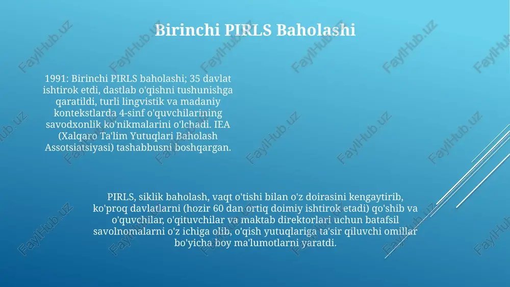 , kanada, avstraliya va yevropa hamda osiyodagi ko'plab davlatlarning o'qish savodxonligi bo'yicha trend ma'lumotlarini beradi. pirls murakkab namunaviy uslubdan foydalanadi; natijalar milliy va xalqaro taqqoslashlarni ta'minlaydi; alohida o'quvchilarning ballari bevosita e'lon qilinmaydi, milliy darajadagi umumlashtirilgan ma'lumotlarga e'tibor qaratiladi va bu butun dunyo bo'ylab millionlab o'quvchilarga ta'sir ko'rsatuvchi ta'lim samaradorligi haqida tushuncha beradi. texnologiyaning pirls'dagi roli texnologiya taraqqiyoti pirlsning doirasiga va metodikasiga taʼsir qiladi. dastlabki maʼlumotlar toʻplash asosan bosma materiallarga tayanardi, lekin raqamli texnologiyalar (masalan, planshetlar, onlayn soʻrovnomalar) tobora keng qoʻllanilmoqda, bu aqsh, kanada va avstraliya kabi ishtirokchi davlatlarda kirish imkoniyatini (masalan, nogiron bolalar uchun) yaxshilaydi pirls, 2001-yilda iea (xalqaro ta'lim yutuqlari baholash assotsiatsiyasi) tomonidan boshlangan, ~60 mamlakatda 4-sinf o'quvchilarining o'qishni tushunishini baholaydi. texnologiyaning roli oddiy ma'lumot yig'ishdan (qog'oz-qalam testlari) 2016-yilgi ba'zi baholashda kompyuterlashtirilgan moslashuvchan testlashga (cat) o'zgardi, bu samaradorlik va aniqlikni oshirdi texnologiya taraqqiyoti pirls testini o'tkazish va tahlil qilishga sezilarli ta'sir ko'rsatmoqda. dastlabki kelib chiqishi va kontseptsiyasi dastlabki bosqichlar …