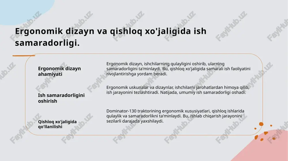 dizayn innovatsion yechimlarni joriy etish orqali qishloq xo'jaligidagi ish jarayonlarini takomillashtiradi, natijada unumdorlik va sifat oshadi. dominator-130 traktorining operatorlar uchun qulay joylashuvi. 1 operator joyi - dominator-130 traktori operatorining joyi ergonomik jihatdan mo'ljallangan, bu esa uzoq vaqt davomida qulay ishlash imkonini beradi. 2 boshqaruv qulayligi - traktorning boshqaruv elementlari qulay joylashgan bo'lib, operatorlar uchun osonlik bilan foydalanish imkonini beradi, bu esa ish samaradorligini oshiradi. 3 ko'rinish va nazorat - operator uchun keng ko'rish burchaklari ta'minlangan, bu esa maydonni yaxshiroq nazorat qilish va xavfsizlikni oshirish imkonini yaratadi. 4 qulay ergonomika - ergonomik joylashuv va moslamalar operatorning jismoniy yukini kamaytiradi, bu esa charchoqni kamaytirish va ish unumdorligini oshirishga yordam beradi. qulaylikni oshirishda ergonomik jihozlar va ularning roli. 1 ergonomik jihozlar - ergonomik jihozlar, operatorning qulayligini oshirishda muhim rol o'ynaydi. ular to'g'ri joylashuv va oson ishlash imkonini beradi. 2 foydalanuvchi qulayligi - dominator-130 traktorida ergonomik jihozlar foydalanuvchi qulayligini ta'minlaydi. bu, operatorning ishlash samaradorligini …