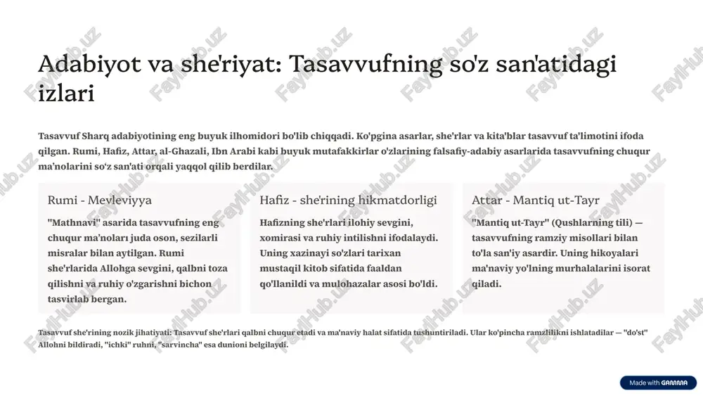 si bo'lib ko'rinadi. zikr — ma'naviy musiqasi tasavvufda zikr — allohni kuy va ritmga asosan eslab qolish. ba'zi tarixalarda zikr raqs va musiqa bilan birga qilinadi, bu "ruhiy san'at" deb ataladigan holat yaratadi. tasavvuf musiqa va raqsni faqat vaqt o'tkazish uchun emas, balki ma'naviy inqilob, qalbni allohga yaqinlashtirishning vositasi sifatida ko'rdi. bu islom madaniyatida musiqa va san'atning muhim o'rnini islatadi. 6 ijtimoiy munosabatlar va axloqiy qadriyatlar tasavvuf faqat individual ma'naviy rivojlanish uchun emas, balki ijtimoiy hamjamiyatni o'zgartirish va axloq-e'-tiqodini tahkim qilish uchun ham muhim rol o'ynadi. tasavvuf tarixlari o'zlarining murshidlarining orqali xalqlar orasida xayrlilik, sabr-toqat va adolatni tarqatishga harakat qildilar. xayrlilik va muhasaba tasavvufchilar mal-mulkdan bostilab, o'zlarining qalblarini zarfda to'la bo'lishini talab qildilar. ko'pgina tasavvufchilar faqir va ehtiyojmandilar uchun xayr ishlarini amalga oshirdilar. hamjamiyat va birlik tasavvuf guruhlarida barcha odamlar — boy va kambag'al, hochrox va begona — tengligi va yagona maqsad bilan birlashib, eʻtiqodiy mahkat ortida insonlar ikkiga bo'linmasdan, …
