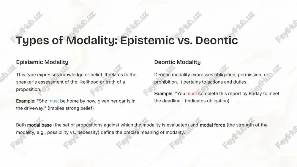 odals can diminish impact. placement and form: practice correct modal verb placement (before the main verb) and ensure the main verb is in its base form. 10 summary: mastering modality understanding and applying modality enriches your english communication significantly. enriches meaning modality allows for expressing attitudes, possibilities, and nuances beyond simple factual statements. key tools modal verbs, adverbs, and adjectives are the primary linguistic tools for conveying modality effectively. aids clarity distinguishing between epistemic (knowledge) and deontic (obligation) types enhances precision and clarity in expression. cultural awareness recognising cultural implications of modality ensures effective and appropriate use in diverse communication contexts. 11 image3.png image1.png image2.png image4.png image5.png image6.png image7.png image8.png image9.png image10.png image11.png image12.png image13.png image14.png image15.png image16.png image17.png
