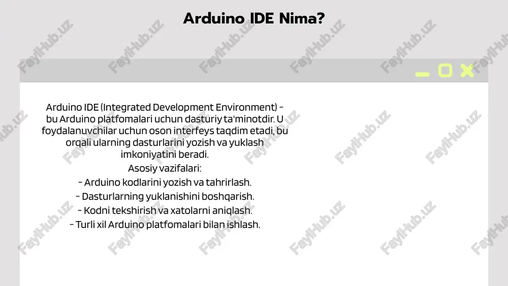 siyalar, o'zgaruvchilar va boshqa elementlardir. har bir komponent o'z funksiyasi bilan kodni samarali joylashtirishga yordam beradi. funksiyalar haqida funksiyalar kodni takroriy ishlatish imkonini beradi va dasturdagi muayyan vazifalarni bajaradi. ular parametrlar olishi va natijalarni qaytarishi mumkin. o'zgaruvchilar haqida o'zgaruvchilar ma'lumotlarni saqlash uchun ishlatiladi va dastur davomida o'zgarishi mumkin. ular kodni dinamik qilish va foydalanuvchi bilan muloqot qilish imkonini beradi. kodning strukturasi arduino ide dasturlashida muhim ahamiyatga ega. asosiy komponentlar - funksiyalar va o'zgaruvchilar, kodni yanada samarali va tushunarli qilishga yordam beradi. ularni to'g'ri tushunish, dasturchilar uchun muvaffaqiyatli dasturlar yaratishning asosidir. 01 02 03 muammolar va hal qilish kod yozish jarayonida arduino ide bilan duch kelinadigan muammolar ko'plab dasturchilarni chalg'itishi mumkin. ushbu muammolar orasida sintaksis xatolari, kutubxona muammolari va qurilma ulanishi bilan bog'liq muammolar mavjud. 1. **sintaksis xatolari**: dasturchilar ko'pincha kodda kichik xatolar qilishadi, masalan, nuqtali vergul yoki qavslar yetishmasligi. bunday xatolarni hal qilish uchun, ide ning xato xabarlarini diqqat bilan …