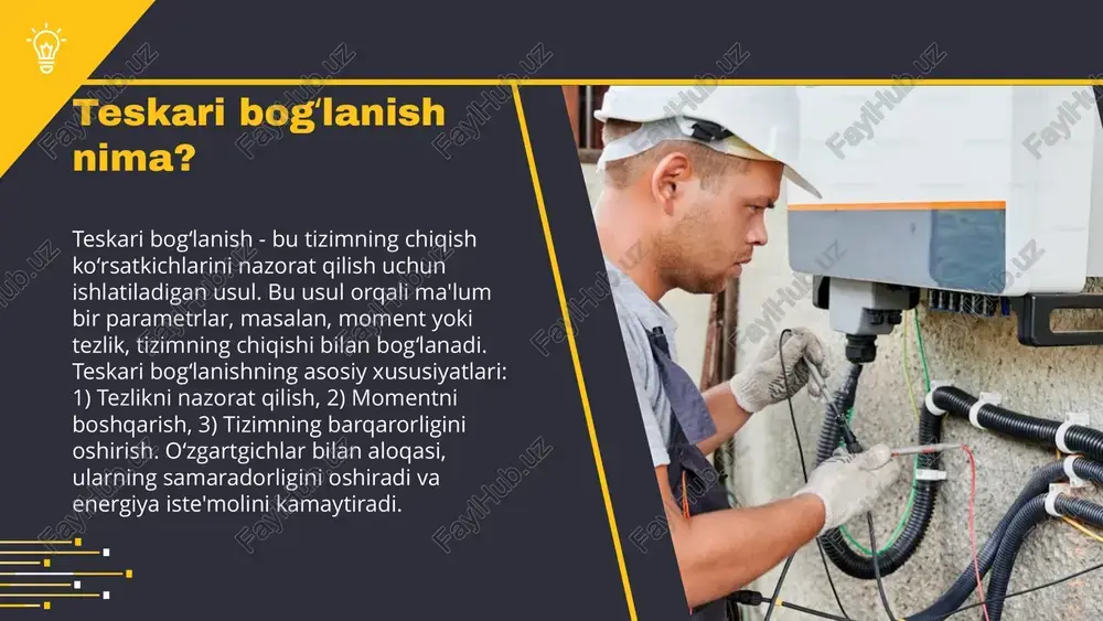 skari bog‘lanishning muhim o‘rni bor. - u jarayonlarni optimallashtirib, resurslardan samarali foydalanishni ta'minlaydi. - teskari bog‘lanish xavfsizlikni oshiradi, jarayonlardagi kamchiliklarni tez aniqlashga yordam beradi. - ishlab chiqarish samaradorligini oshirishda, energiya va materiallarni tejashga yordam beradi. photo by lukas bato on unsplash teskari bog‘lanish va energiya iqtisodiyoti teskari bog‘lanish, elektr tarmog‘ida energiya samaradorligini oshirish va xarajatlarni kamaytirish uchun muhim rol o‘ynaydi. bu tizimlar energiya resurslaridan yanada samarali foydalanishga yordam beradi. energiya resurslaridan foydalanish jarayonida teskari bog‘lanish, talab va taklif o‘rtasidagi muvozanatni ta'minlaydi. bu o‘zgaruvchan energiya manbalarini, masalan, qayta tiklanadigan energiya manbalarini o‘z ichiga oladi. teskari bog‘lanish orqali xarajatlarni kamaytirish, energiya tizimining barqarorligini oshirishga yordam beradi. bu, o‘zgaruvchan energiya manbalari bilan integratsiya qilish orqali yanada samarali energiya ta'minotini ta'minlaydi. kelajakda teskari bog‘lanish imkoniyatlari teskari bog‘lanish texnologiyalari kelajakda yanada rivojlanishi kutilmoqda. bu energiya samaradorligini oshirish va xarajatlarni kamaytirish imkoniyatlarini taqdim etadi. innovatsion yondashuvlar, masalan, sun'iy intellekt va iot texnologiyalari, teskari bog‘lanishni samarali qilishda …