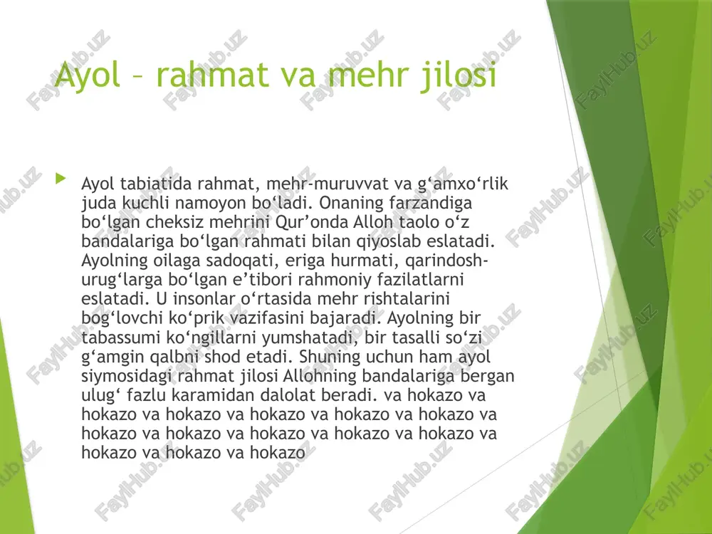 ligi saqlanadi, bolalar mehrli muhitda voyaga yetadi. shuning uchun ayol sabrining qadri nihoyatda ulkan bo‘lib, u alloh huzurida alohida ajr-mukofotga sazovor bo‘lishiga umid bog‘lanadi. va hokazo va hokazo va hokazo va hokazo va hokazo va hokazo va hokazo va hokazo va hokazo va hokazo va hokazo va hokazo va ayolning kechirimliligi va g‘affor sifati g‘affor sifati kechirimli, gunohlarni ko‘p-koop mag‘firat qiluvchi zot ekanini bildiradi. insonlar orasida kechirimlilik fazilati ayniqsa ayol qalbida ko‘p uchraydi. u erining xatosini, farzandining beandishaligini, qarindoshlarning nojo‘ya gaplarini ko‘pincha kechirib, munosabatlarni uzmaslikka harakat qiladi. ayol ko‘ngli tez og‘risa-da, tez yumshaydi, yuragi adovatni uzoq saqlashni yoqtirmaydi. u mehr bilan yomonlikka yaxshilik bilan javob berishga intiladi. bu fazilatlarning barchasi allohning g‘affor sifatidan bir jilodir, ammo albatta cheklangan insoniy darajada. kechirimlilik esa oila va jamiyat mustahkamligining muhim omilidir. va hokazo va hokazo va hokazo va hokazo va hokazo va hokazo va hokazo va hokazo va hokazo va hokazo va hokazo …