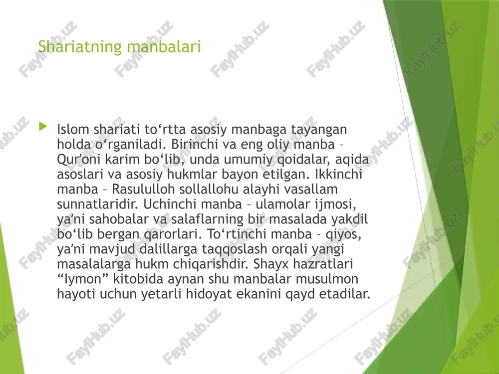 a muammo shariatda emas, balki uni noto‘g‘ri tushunish va noto‘g‘ri qo‘llashdadir. mo‘min banda shariatga nisbatan hurmat, muhabbat va itoatni saqlashi, shubhali fikrlardan yiroq turishi lozim. zamonaviy hayotda shariatning dolzarbligi texnika va ilm-fan rivojlangan bugungi davrda ham shariat qoidalari eskirmaydi, chunki ular inson tabiatiga mos ravishda belgilangan. halollik, adolat, poklik, oilani muqaddas bilish, mehnatni qadrlash, zulm va buzg‘unchilikdan tiyilish hozir ham zarur qadriyatlardir. shayx hazratlari “iymon” va boshqa asarlarida zamonaviy muammolarga shariat mezonlari asosida yechimlar taklif etadilar. shariatni to‘liq yoki qisman chetga surish jamiyatda maʼnaviy inqiroz, zo‘ravonlik, oilaviy buzilishlar va iqtisodiy adolatsizlikka olib kelishini eslatadilar. shariat – har davr uchun dolzarb ilohiy tizimdir. shariat ilmini o‘rganish zarurati har bir musulmon kamida o‘ziga farz bo‘lgan shariat ilmlarini bilishi lozim: tahorat, namoz, ro‘za, halol rizq, oila va muomala qoidalarini. shayx muhammad sodiq muhammad yusuf oddiy xalq uchun sodda, tushunarli tilda fiqh va aqida kitoblarini yozib, shariatni oson o‘rganishga yordam berganlar. mo‘min muntazam ilm …