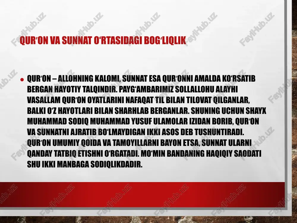 or etsa, aslida qurʼonni ham to‘liq qabul etmagan bo‘ladi, chunki ko‘plab oyatlar sunnatga bo‘ysunishni buyuradi. shayx muhammad sodiq muhammad yusuf bir qancha asarlarida sunnatni rad etuvchi oqimlarning xatolarini ilmiy dalillar bilan bayon etadilar. sunnatni yo‘qqa chiqarish sharʼiy hukmlarni chalkashtiradi, ibodatlarni o‘zgartiradi, musulmonlar orasida fitna va ixtiloflarni kuchaytiradi. zamonaviy hayotda sunnatni tiriltirish bugungi axborot xuruji, moddiylik va nafsga ergashish kuchaygan davrda sunnatni tiriltirish har bir mo‘min uchun dolzarb vazifadir. bu faqat tashqi rasmlar bilan cheklanmaydi, balki halollik, adolat, poklik, sadoqat, vaʼda ustida turish, vaqtdan unumli foydalanish kabi fazilatlarni ham o‘z ichiga oladi. shayx hazratlarining “iymon” va boshqa kitoblari zamonaviy muammolarga sunnat asosida javob berishga urinadi. musulmon yoshlar sunnatga mos hayot tarzi olib borsalar, jamiyatda ham tinchlik, taraqqiyot va maʼnaviy poklik mustahkamlanadi. sunnatni o‘rganish usullari sunnatni to‘g‘ri o‘rganish uchun sahih hadis to‘plamlariga, ishonchli aqida va fiqh kitoblariga, salohiyatli ulamolar darslariga murojaat qilish zarur. shayx muhammad sodiq muhammad yusufning “iymon”, “hadis va hayot” …