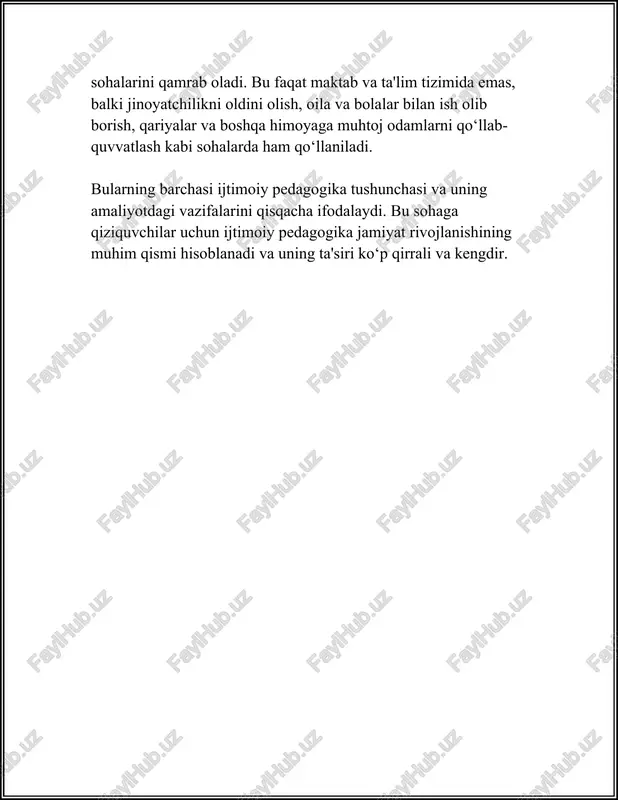 osida shakllangan. har bir davr ijtimoiy-pedagogik jihatdan o'ziga xos vazifalarni hal qilishni talab qilgan, bu esa ijtimoiy pedagogikaning boy va rang-barang tarixiy meros yaratishiga olib kelgan. ijtimoiy pedagogika asosan insonlarning ijtimoiy hayotga moslashishi, jamoatchilikka qo'shilishi va faoliyatlari samaradorligini oshirishga xizmat qilgan. bu yo'nalish unga tegishli kuzatishlar, tajribalar va nazariy bilimlarni rivojlantirish davomida yanada boyib borgan. 3. ijtimoiy pedagogikaning nazariy asoslari ijtimoiy pedagogikaning nazariy asoslari bilan bog‘liq ma’lumotlar jamiyat va shaxslar o‘rtasidagi interaksiyalarni tushunishga qaratilgan fan sifatida ijtimoiy pedagogikaning asosiy tamoyillari va nazariy jihatlarini o‘z ichiga oladi. ushbu fan sohasi ijtimoiy muammolarni hal qilishda ta’limning roli, shaxsning ijtimoiylashuvi, hamda ta’lim jarayonlarini ijtimoiy himoya bilan bog‘lashni o‘rganadi. ijtimoiy pedagogika nazariyasining muhim tamoyillaridan biri bu jamiyat va shaxs o‘rtasidagi o‘zaro aloqalarni chuqurroq tushunishdir. bu tamoyillarga ko‘ra, ta'lim shunchaki bilim berish jarayoni bo‘lib qolmay, balki shaxsning ijtimoiy rivojlanishi va jamiyatga muvaffaqiyatli moslashuvi uchun asosiy vositadir. ijtimoiy pedagogika jamiyatdagi turli ijtimoiy tajribalarni, masalan, ijtimoiy tenglik, …