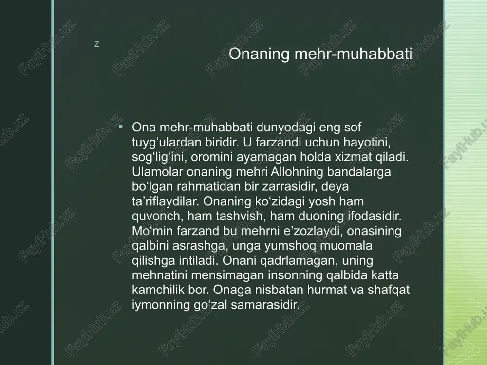 slatish juda muhim. onalarni qadrlagan jamiyatda mehr, tinchlik va baraka ziyoda bo‘ladi. onaga beparvo bo‘lgan jamiyat esa asta-sekin maʼnaviy zaiflashishga yuz tutadi. z onalar va kelinlar o‘rtasidagi muomala ko‘p oilaviy muammolar ona va kelin o‘rtasidagi tushunmovchilikdan kelib chiqadi. mo‘min kelin qaynonasini erining onasi sifatida emas, alloh rizosini keltiruvchi nurli izzatli inson sifatida ko‘rishi, unga hurmatda bo‘lishi lozim. ona ham kelinini farzanddek qabul qilib, unga duogo‘y bo‘lishi, kichik xatolarini ko‘tarishi kerak. bunday o‘zaro hurmat va sabr bo‘lsa, oila tinchligi mustahkamlanadi. farzand, yaʼni er esa onasi va rafiqasi o‘rtasida adolat va muloyimlik bilan vositachi bo‘lishi, birini ikkinchisiga qarshi qo‘ymasligi kerak. z vafot etgan onaga yaxshilik qilish ona hayotligida xizmat qilish eng ulug‘ baxt. ammo agar ona vafot etgan bo‘lsa ham, farzandning qiladigan yaxshiliklari tugamaydi. uning nomidan sadaqa qilish, qurʼon tilovat qilib savobini bag‘ishlash, qarindosh-urug‘lari bilan aloqani uzmaslik, onaning vaqti-vaqti bilan eslab, duo qilish – bularning barchasi unga yetadigan savoblardandir. hadisda aytilishicha, odam …