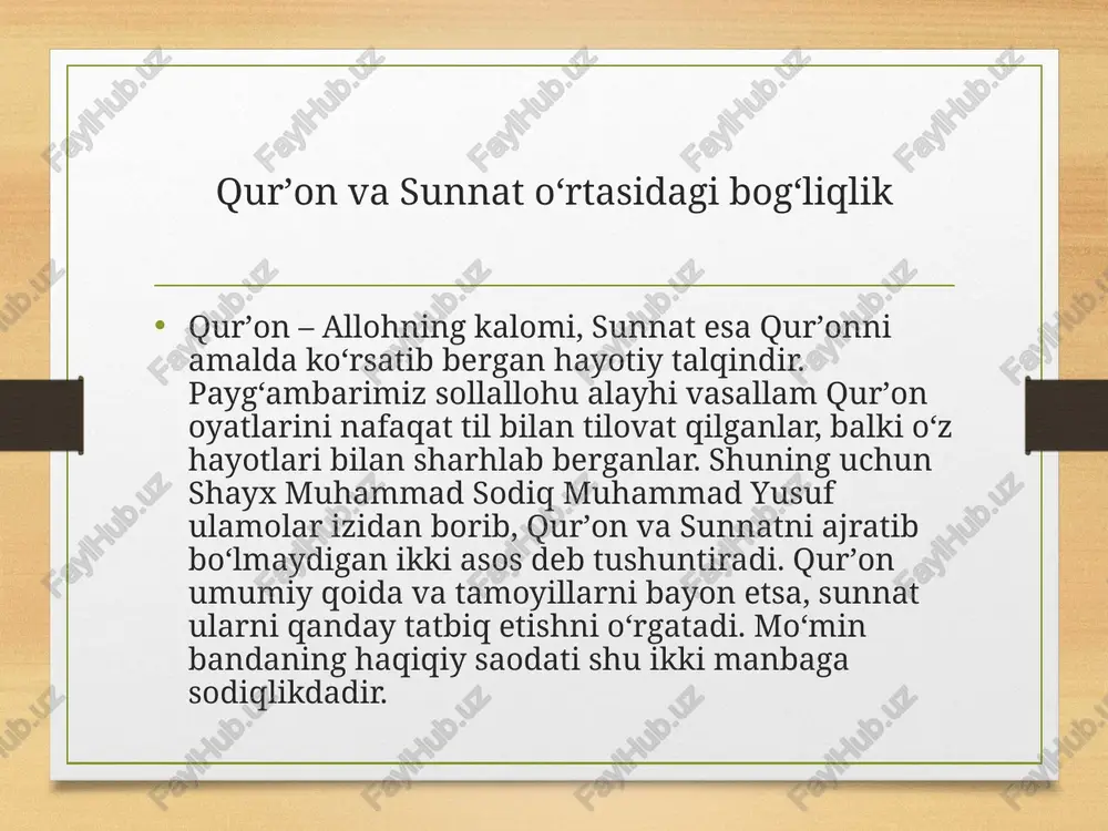 tni inkor qilishning xatarlari sunnatni inkor qilish yoki uni faqat tarixiy odat deb bilish iymon mustahkamligiga jiddiy zarar yetkazadi. kim qurʼonni qabul qilib, sunnatni inkor etsa, aslida qurʼonni ham to‘liq qabul etmagan bo‘ladi, chunki ko‘plab oyatlar sunnatga bo‘ysunishni buyuradi. shayx muhammad sodiq muhammad yusuf bir qancha asarlarida sunnatni rad etuvchi oqimlarning xatolarini ilmiy dalillar bilan bayon etadilar. sunnatni yo‘qqa chiqarish sharʼiy hukmlarni chalkashtiradi, ibodatlarni o‘zgartiradi, musulmonlar orasida fitna va ixtiloflarni kuchaytiradi. zamonaviy hayotda sunnatni tiriltirish bugungi axborot xuruji, moddiylik va nafsga ergashish kuchaygan davrda sunnatni tiriltirish har bir mo‘min uchun dolzarb vazifadir. bu faqat tashqi rasmlar bilan cheklanmaydi, balki halollik, adolat, poklik, sadoqat, vaʼda ustida turish, vaqtdan unumli foydalanish kabi fazilatlarni ham o‘z ichiga oladi. shayx hazratlarining “iymon” va boshqa kitoblari zamonaviy muammolarga sunnat asosida javob berishga urinadi. musulmon yoshlar sunnatga mos hayot tarzi olib borsalar, jamiyatda ham tinchlik, taraqqiyot va maʼnaviy poklik mustahkamlanadi. sunnatni o‘rganish usullari sunnatni to‘g‘ri o‘rganish …