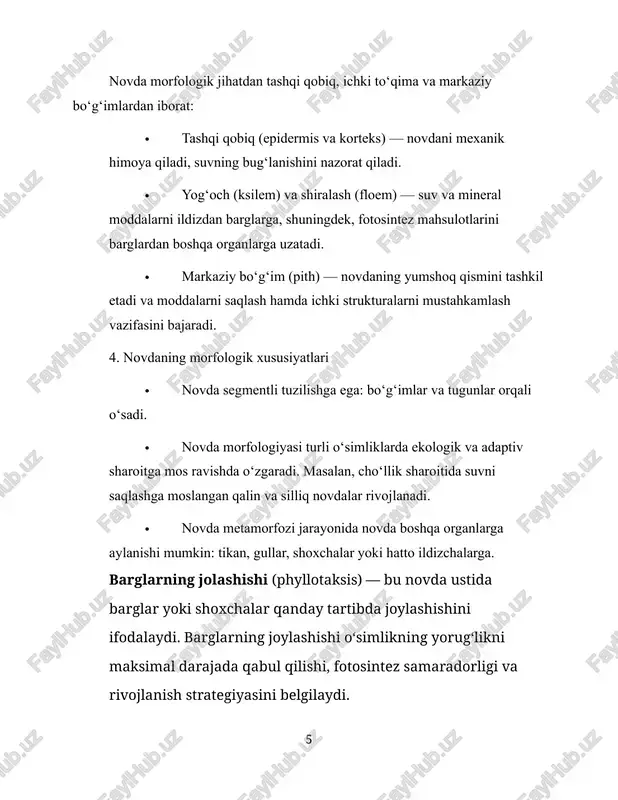 tropik o‘simliklar). 2.novdaning o‘sish va rivojlanishdagi roli novda o‘sishi asosan apikal meristem (o‘sish tuguni) va yon shox tugunlari faoliyatiga bog‘liq. apikal meristem hujayralarini bo‘linib, yangi bo‘g‘imlar va tugunlarni hosil qiladi. shu tarzda novda uzunlamas o‘sadi. · uzunlamas o‘sish: novdaning bo‘g‘imlari uzayadi, yangi tugunlar paydo bo‘ladi va barglar, gullar yoki shoxchalar joylashadi. · yon o‘sish: novda yon shoxlari orqali gorizontal yoyilish hosil qiladi, bu esa o‘simlikning ko‘rinishini va fotosintez maydonini kengaytiradi. novdaning o‘sish sur’ati ekologik sharoitga bog‘liq bo‘lib, yorug‘lik, namlik, harorat va tuproq sharoitlari unga ta’sir qiladi. 2. novdaning rivojlanishdagi roli novda o‘simlikning rivojlanishi va organlarning shakllanishida markaziy ahamiyatga ega: 1. barglar va shoxlarning joylashuvi · novda orqali barglar optimal tarzda joylashadi, bu esa fotosintezning samaradorligini oshiradi. · tugunlar va bo‘g‘imlar orqali shoxlar va yon novdalar hosil bo‘ladi, o‘simlikning simmetriyasini va strukturasini belgilaydi. 2. reproduktif rivojlanish · novda gul novdalarini hosil qiladi va reproduktiv organlarni ushlab turadi. · gul va meva …