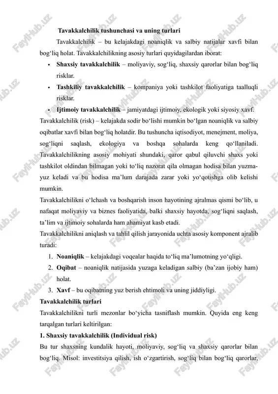 atida yuzaga keladigan xavf. misol: siyosiy beqarorlik, ijtimoiy nizolar, ekologik inqirozlar, kasalliklar tarqalishi. ijtimoiy tavakkalchilikning xususiyati shundaki, u ko‘pincha keng miqyosda ta’sir qiladi va shaxs yoki tashkilot darajasida faqat qisman boshqarilishi mumkin. 5. ekologik va tabiiy tavakkalchilik (environmental/natural risk) · tabiiy ofatlar: zilzila, suv toshqini, dovul va boshqa tabiiy hodisalar. · atrof-muhit bilan bog‘liq xavflar: ifloslanish, tabiiy resurslar kamayishi. bu turdagi tavakkalchilikni oldindan prognoz qilish qiyin bo‘lishi mumkin, lekin xavfni kamaytirish uchun sug‘urta va oldindan tayyorgarlik choralari mavjud. 6. texnologik tavakkalchilik (technological risk) texnologik jarayonlar va innovatsiyalar bilan bog‘liq xavflar. misol: ma’lumotlarning yo‘qolishi, kiberhujumlar, yangi texnologiya muvaffaqiyatsizligi. zamonaviy dunyoda texnologik tavakkalchilik tez sur’atlarda rivojlanmoqda va uni boshqarish korxona va shaxslar uchun juda muhim hisoblanadi. tavakkalchilikni tasniflashning umumiy xulosasi tavakkalchilik turli shakl va miqyosda namoyon bo‘ladi, ammo har bir tur quyidagi xususiyatlarga ega: · u noaniqlik bilan bog‘liq. · salbiy oqibatlarga olib kelishi mumkin. · oldini olish yoki kamaytirish imkoniyati mavjud. …