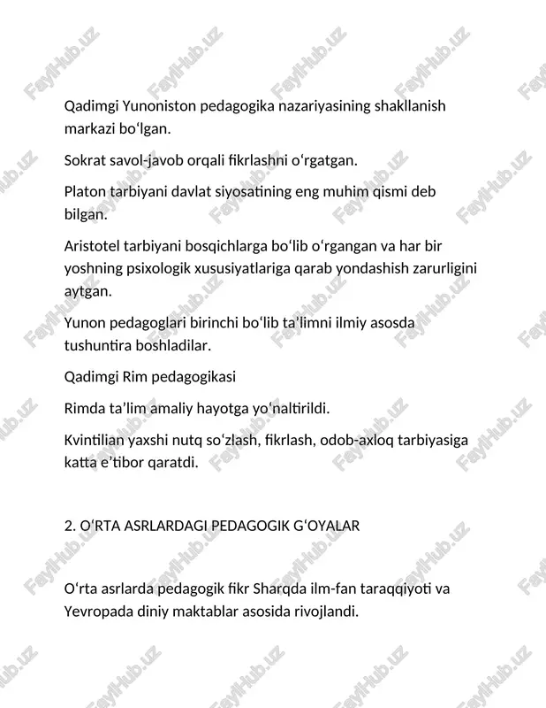 amiyatning madaniy va ma’naviy taraqqiyoti bilan chambarchas bogʻliqdir. har bir tarixiy davr o‘ziga xos ijtimoiy ehtiyojlar, tarbiya maqsadlari va ta’lim tamoyillarini shakllantirgan. qadimgi davrlardagi sodda tarbiyaviy qarashlardan tortib, uyg‘onish davri mutafakkirlarining insonparvarlik g‘oyalari, ma’rifatchilar ilgari surgan ilm va tarbiyani birlashtirish tamoyillarigacha — bularning barchasi zamonaviy pedagogik tafakkurning poydevorini yaratdi. bugungi kunda ta’lim jarayoni innovatsion texnologiyalarga tayanar ekan, tarixiy-pedagogik merosni chuqur anglash, har bir bosqichning mazmuni va ahamiyatini ilmiy tahlil qilish ta’lim tizimining yanada rivojlanishiga xizmat qiladi. chunki pedagogik g‘oyalar evolyutsiyasi insonni tarbiyalashning eng oqilona yo‘lini topish sari davom etayotgan izlanishdir. tarixiy bosqichlardan olingan tajribalar esa kelajak avlodni barkamol shaxs sifatida voyaga yetkazishda muhim nazariy va amaliy asos bo‘lib xizmat qiladi. foydalanilgan adabiyotlar 1. karimov i.a. yuksak ma’naviyat – yengilmas kuch. – toshkent: ma’naviyat, 2008. 2. zunnunov a. pedagogika tarixi. – toshkent: o‘qituvchi, 2005. 3. qodirov n., to‘xtaxo‘jayev n. pedagogika nazariyasi va tarixi. – toshkent: fan, 2010. 4. hoshimov k., yo‘ldoshev …