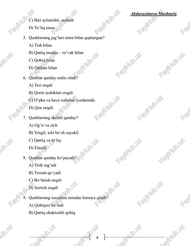 humchuq b) o‘rdak, g‘oz c) kaklik, tovuq d) qoplonqush 21. eng katta qush: a) qarg‘a b) tuyaqush c) laylak d) flamingo 22. tungi qush: a) qaldirg‘och b) boyo‘g‘li c) kaklik d) qarg‘a 23. odam bilan yashaydigan qush: a) qaldirg‘och b) laylak c) qarg‘a d) tovuq 24. qushlar qanday haroratli hayvonlar turiga kiradi? a) sovuq qonlilar b) issiq qonlilar abduraximova mushtariy 8 c) suvda yashovchilar d) sudralib yuruvchilar 25. qushlarda asosiy harakat organi nima? a) dum b) qanot c) panja d) tumshuq sutemizuvchilar (26–50) 26. sutemizuvchilar qanday ko‘payadi? a) tuxum qo‘yadi b) tirik tug‘adi c) bo‘linadi d) tuxumdan chiqadi 27. sutemizuvchilarning urg‘ochilari nimasi bilan farqlanadi? a) sut bezlari bor b) qanotlari bor c) qattiq tangacha bilan qoplangan d) tishlari yo‘q 28. sutemizuvchilarning tanasi nima bilan qoplangan? a) pat bilan b) jun bilan c) teri bilan d) shilliq bilan abduraximova mushtariy 9 29. sutemizuvchilarning yuragi nechta kamerali? a) 2 b) 3 c) …