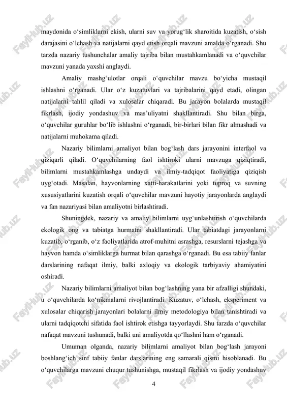 a, resurslarni tejashga va hayvon hamda o‘simliklarga hurmat bilan qarashga o‘rganadi. bu esa tabiiy fanlar darslarining nafaqat ilmiy, balki axloqiy va ekologik tarbiyaviy ahamiyatini oshiradi. nazariy bilimlarni amaliyot bilan bog‘lashning yana bir afzalligi shundaki, u o‘quvchilarda ko‘nikmalarni rivojlantiradi. kuzatuv, o‘lchash, eksperiment va xulosalar chiqarish jarayonlari bolalarni ilmiy metodologiya bilan tanishtiradi va ularni tadqiqotchi sifatida faol ishtirok etishga tayyorlaydi. shu tarzda o‘quvchilar nafaqat mavzuni tushunadi, balki uni amaliyotda qo‘llashni ham o‘rganadi. umuman olganda, nazariy bilimlarni amaliyot bilan bog‘lash jarayoni boshlang‘ich sinf tabiiy fanlar darslarining eng samarali qismi hisoblanadi. bu o‘quvchilarga mavzuni chuqur tushunishga, mustaqil fikrlash va ijodiy yondashuv ko‘nikmalarini rivojlantirishga, shuningdek, ekologik va axloqiy qadriyatlarni shakllantirishga imkon beradi. shu sababli har bir darsda nazariy bilimlarni amaliy mashg‘ulotlar bilan uyg‘unlashtirish pedagogik jarayonning samaradorligini oshiradi va o‘quvchilarning bilim, ko‘nikma hamda malakalarini mustahkamlashda muhim ahamiyatga ega. 2. ko‘rgazmali vositalar yordamida mavzuni vizual tarzda ifodalash tabiiy fanlar darslarida mavzuni o‘quvchilarga yanada tushunarli va qiziqarli tarzda …