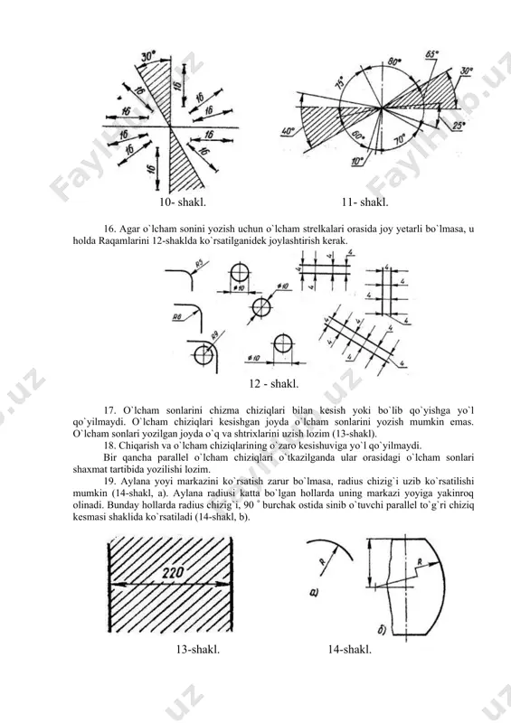 ldiga, uchi tomon yo`nalgan “(“ belgi qo`yish kerak (24-shakl). 30. qiyalik va konusliklar: oddiy nisbatlar; o`nlik nisbatda; gradusda va foizda ifodalanishi mumkin. masalan, qiyalik, 1(10=2(51(45(=10%; konuslik 1:3=18(55(29(=33,5%. 24-shakl. 25-shakl. 26-shakl. gost 8593-81 ga ko`ra mashinasozlikda foydalaniladigan qiyalik va konusliklar 9-jadvalda ko`rsatilgan. 31. qiyaligi 45( li faska o`lchamlari 31-shaklda ko`rsatilganidek qo`yiladi, 1 mm dan kichik faska o`lchamlari chiqarish chizig`i tokchasida ko`rsatiladi. bundan o`zgacha burchakli faskalarning o`lchamlari qoidaga binoan ikkita chiziqli o`lcham yordamida ko`rsatiladi (26-shakl). 32. chizmada detalning bir necha xil elementlari (teshik, o`yik, paz, faska va h.k.) mavjud bo`lsa, har qaysi element o`lchamini shunday elementlar soni bilan birga berish lozim (27-shakl, a,b,v). 27-shakl. 33. o`lchamlar ko`yishning umumiy qoidalariga asosan quyida val va tekis shakllarga o`lchamlar qo`yish ko`rsatilgan. val. 28-shakl. tekis shakl. 29-shakl. 2. asosiy yozuv va uning formatlarda joylashuvi. gost 2.104-68 (st sev 365-76). ishlab chiqarish chizmalarining hamda boshqa texnikaviy hujjatlarining asosiy yozuvlari, shuningdek,ularni to`ldirish tartibi gost 2.104-68 da belgilangan. asosiy …