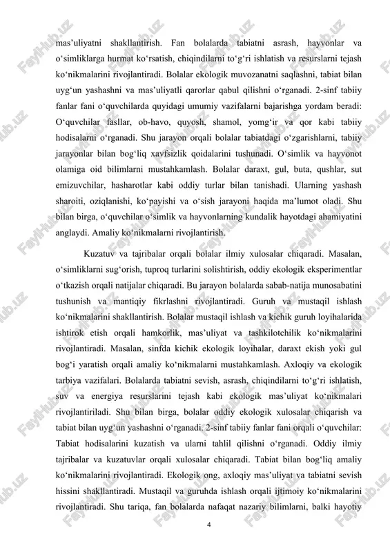 alar oddiy ekologik xulosalar chiqarish va tabiat bilan uyg‘un yashashni o‘rganadi. 2-sinf tabiiy fanlar fani orqali o‘quvchilar: tabiat hodisalarini kuzatish va ularni tahlil qilishni o‘rganadi. oddiy ilmiy tajribalar va kuzatuvlar orqali xulosalar chiqaradi. tabiat bilan bog‘liq amaliy ko‘nikmalarini rivojlantiradi. ekologik ong, axloqiy mas’uliyat va tabiatni sevish hissini shakllantiradi. mustaqil va guruhda ishlash orqali ijtimoiy ko‘nikmalarini rivojlantiradi. shu tariqa, fan bolalarda nafaqat nazariy bilimlarni, balki hayotiy ko‘nikmalarni rivojlantiradi va ularni mas’uliyatli, bilimli va tabiatni sevuvchi shaxs sifatida tarbiyalaydi. 2. o‘quvchilarni tabiat hodisalari va ekologik bilimlar bilan tanishtirish 2-sinf tabiiy fanlar fani bolalarni tabiat olami bilan tanishtirish, o‘simliklar, hayvonlar va ob-havo hodisalarini kuzatish orqali bilimlarini mustahkamlashga qaratilgan. ushbu bo‘lim o‘quvchilarda tabiatga qiziqish uyg‘otish, ekologik ongni shakllantirish va tabiat hodisalarini tushunish ko‘nikmalarini rivojlantirishga xizmat qiladi. bolalar o‘simliklar dunyosi bilan tanishish jarayonida ularning turli shakl va o‘lchamlari, o‘sish jarayonlari, gullash va meva berish xususiyatlarini o‘rganadi. o‘quvchilar daraxt, buta va gullar kabi oddiy o‘simlik turlarini …