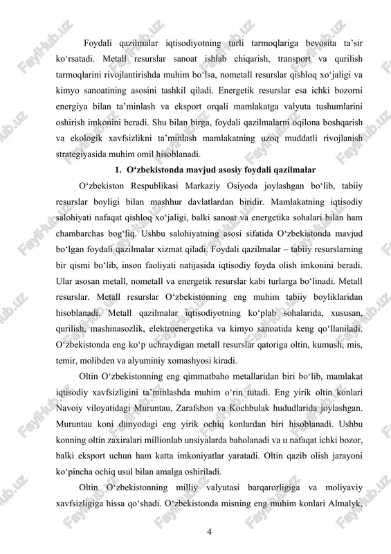 onda eng ko‘p uchraydigan metall resurslar qatoriga oltin, kumush, mis, temir, molibden va alyuminiy xomashyosi kiradi. oltin oʻzbekistonning eng qimmatbaho metallaridan biri bo‘lib, mamlakat iqtisodiy xavfsizligini ta’minlashda muhim o‘rin tutadi. eng yirik oltin konlari navoiy viloyatidagi muruntau, zarafshon va kochbulak hududlarida joylashgan. muruntau koni dunyodagi eng yirik ochiq konlardan biri hisoblanadi. ushbu konning oltin zaxiralari millionlab unsiyalarda baholanadi va u nafaqat ichki bozor, balki eksport uchun ham katta imkoniyatlar yaratadi. oltin qazib olish jarayoni ko‘pincha ochiq usul bilan amalga oshiriladi. oltin oʻzbekistonning milliy valyutasi barqarorligiga va moliyaviy xavfsizligiga hissa qo‘shadi. oʻzbekistonda misning eng muhim konlari almalyk, angren va boysun hududlarida joylashgan. mis sanoatda elektr simlar, mashinasozlik, qurilish materiallari va elektronika ishlab chiqarishda keng qo‘llaniladi. misning yuqori sifatli zaxiralari oʻzbekistonni bu sohada mintaqaviy yetakchi mamlakatga aylantiradi. almalyk mis koni va zavodi mamlakatning metall sanoatining markaziy qismini tashkil qiladi. mis qazib olish jarayoni yer osti konlari va ochiq konlar orqali amalga oshiriladi. …