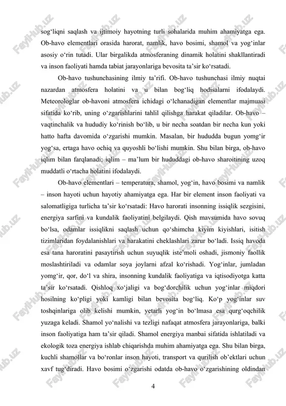 yati va salomatligiga turlicha ta’sir ko‘rsatadi: havo harorati insonning issiqlik sezgisini, energiya sarfini va kundalik faoliyatini belgilaydi. qish mavsumida havo sovuq bo‘lsa, odamlar issiqlikni saqlash uchun qo‘shimcha kiyim kiyishlari, isitish tizimlaridan foydalanishlari va harakatini cheklashlari zarur bo‘ladi. issiq havoda esa tana haroratini pasaytirish uchun suyuqlik iste’moli oshadi, jismoniy faollik moslashtiriladi va odamlar soya joylarni afzal ko‘rishadi. yog‘inlar, jumladan yomg‘ir, qor, do‘l va shira, insonning kundalik faoliyatiga va iqtisodiyotga katta ta’sir ko‘rsatadi. qishloq xo‘jaligi va bog‘dorchilik uchun yog‘inlar miqdori hosilning ko‘pligi yoki kamligi bilan bevosita bog‘liq. ko‘p yog‘inlar suv toshqinlariga olib kelishi mumkin, yetarli yog‘in bo‘lmasa esa qurg‘oqchilik yuzaga keladi. shamol yo‘nalishi va tezligi nafaqat atmosfera jarayonlariga, balki inson faoliyatiga ham ta’sir qiladi. shamol energiya manbai sifatida ishlatiladi va ekologik toza energiya ishlab chiqarishda muhim ahamiyatga ega. shu bilan birga, kuchli shamollar va bo‘ronlar inson hayoti, transport va qurilish ob’ektlari uchun xavf tug‘diradi. havo bosimi o‘zgarishi odatda ob-havo o‘zgarishining oldindan belgisi …