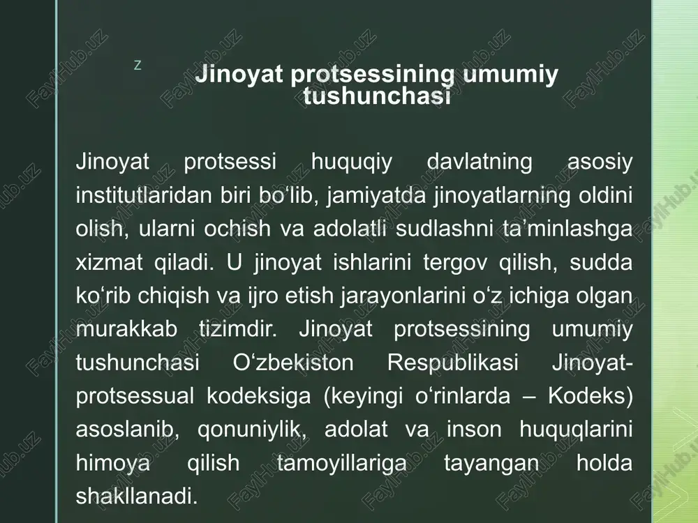 sh apellyatsiya sudi kassatsiya qonun buzilishi bo‘yicha nazorat tekshiruvi qonuniylikni tekshirish, protsessual xatolarni aniqlash kassatsiya instansiyasi yangi ochilgan holatlar ishni qayta ko‘rib chiqish uchun asoslar yangi faktlarni baholash sud sud hujjatlarini ijro etish hukm yoki qarorni bajarish jazoni ijro qilish, nazorat probatsiya xizmati, iio z bosqichlar o‘rtasidagi uzviylik jinoyat protsessining bosqichlari – tergov, sud ko‘rib chiqish va ijro etish – o‘zaro uzviy bog‘liq bo‘lib, ularning har biri oldingisining davomi sifatida ishlaydi. bu uzviylik protsessning uzluksizligini ta’minlaydi va har bir bosqichda yuzaga kelgan xatoliklar keyingi bosqichlarga o‘tib ketmasligini kafolatlaydi. jpkga ko‘ra, jinoyat ishi tergov bosqichida to‘plangan dalillar sud bosqichida baholanadi, sud qarori esa ijro bosqichida amalga oshiriladi. z xulosa jinoyat protsessining bosqichlari – bu nafaqat huquqiy mexanizmning asosiy ustunlari, balki jamiyatning adolat va tartib tamoyillarini ta’minlovchi muhim tizimdir. ushbu mavzuni o‘rganish jarayonida biz jinoyat haqida xabar olish va qabul qilishdan tortib, sud qarorini ijro etishgacha bo‘lgan har bir bosqichning o‘ziga xos …