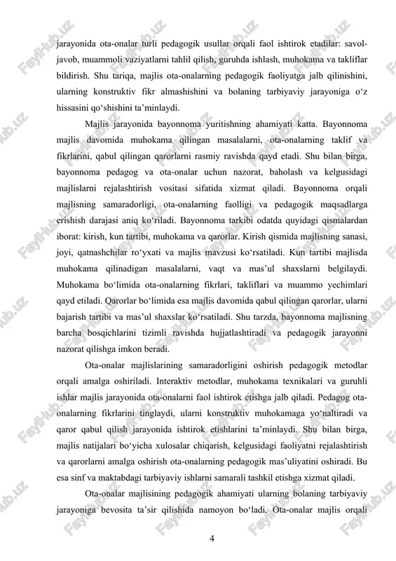 lari, takliflari va muammo yechimlari qayd etiladi. qarorlar bo‘limida esa majlis davomida qabul qilingan qarorlar, ularni bajarish tartibi va mas’ul shaxslar ko‘rsatiladi. shu tarzda, bayonnoma majlisning barcha bosqichlarini tizimli ravishda hujjatlashtiradi va pedagogik jarayonni nazorat qilishga imkon beradi. ota-onalar majlislarining samaradorligini oshirish pedagogik metodlar orqali amalga oshiriladi. interaktiv metodlar, muhokama texnikalari va guruhli ishlar majlis jarayonida ota-onalarni faol ishtirok etishga jalb qiladi. pedagog ota-onalarning fikrlarini tinglaydi, ularni konstruktiv muhokamaga yo‘naltiradi va qaror qabul qilish jarayonida ishtirok etishlarini ta’minlaydi. shu bilan birga, majlis natijalari bo‘yicha xulosalar chiqarish, kelgusidagi faoliyatni rejalashtirish va qarorlarni amalga oshirish ota-onalarning pedagogik mas’uliyatini oshiradi. bu esa sinf va maktabdagi tarbiyaviy ishlarni samarali tashkil etishga xizmat qiladi. ota-onalar majlisining pedagogik ahamiyati ularning bolaning tarbiyaviy jarayoniga bevosita ta’sir qilishida namoyon bo‘ladi. ota-onalar majlis orqali pedagoglar bilan hamkorlik qilib, uy sharoitida bolaning tarbiyasini kuchaytiradi, ijtimoiy va axloqiy qadriyatlarni mustahkamlaydi hamda o‘quvchilarning o‘z-o‘zini boshqarish ko‘nikmalarini rivojlantiradi. shu tarzda, majlis ota-onalar va …