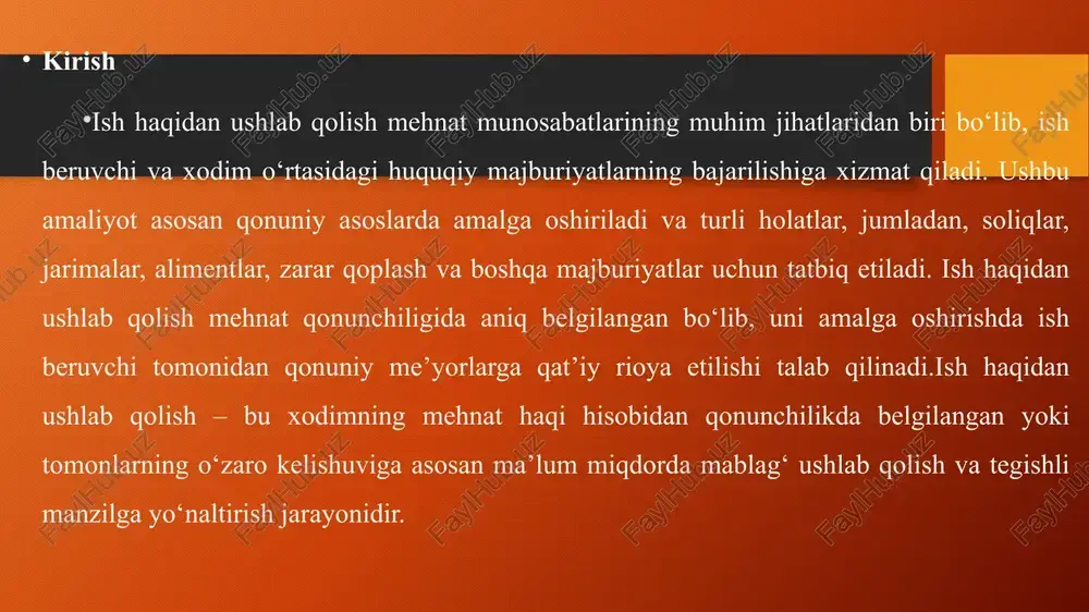 oziligi bilan xodim o‘z xohishiga ko‘ra, ish haqidan ma’lum bir miqdorda mablag‘ ushlab qolinishi uchun ariza berishi mumkin. masalan: kasaba uyushmalariga badallar. kredit yoki boshqa moliyaviy majburiyatlarni to‘lash. ish beruvchi tomonidan yetkazilgan zararni qoplash agar xodim ish jarayonida moddiy zarar yetkazgan bo‘lsa, uning ish haqidan tegishli miqdorda mablag‘ ushlab qolinishi mumkin. bu quyidagi holatlarda amalga oshiriladi: xodim tomonidan qasddan yoki ehtiyotsizlik natijasida korxonaga zarar yetkazilishi. ish beruvchi tomonidan xodimga ortiqcha to‘langan ish haqi yoki boshqa to‘lovlar. ish haqidan ushlab qolishning asosiy sabablari ish haqi mehnat shartnomasiga asosan, xodim tomonidan bajarilgan ish uchun to‘lanadigan mablag‘ hisoblanadi. har bir mamlakat mehnat qonunchiligiga muvofiq ravishda, ish haqi xodimning o‘ziga to‘liq berilishi lozim. biroq ayrim holatlarda ish haqidan ma’lum miqdorda ushlab qolish mumkin. ish haqidan ushlab qolishning qonuniy va asosli sabablari mavjud bo‘lib, ular xodim va ish beruvchi o‘rtasidagi mehnat munosabatlarida muhim ahamiyat kasb etadi. soliq va boshqa majburiy to‘lovlar har bir davlat o‘z …
