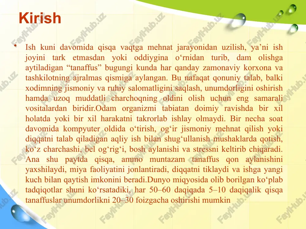tanaffuslar. masalan, issiq sexlarda haroratni pasaytirish uchun, kompyuterda ishlaganda ko‘z charchoqlarini oldini olish uchun beriladi. bunday tanaffuslar ish vaqtiga kiritiladi va ish haqi to‘liq saqlanadi.fiziologik tanaffuslar – qisqa muddatli (5-15 daqiqa), lekin tez-tez beriladigan dam olishlar. ular ayniqsa uzluksiz ishlaydigan konveyer, haydovchi, dispetcher kabi kasblarda muhim. bu tanaffuslar ham ish vaqtiga kiritiladi.shaxsiy ehtiyojlar uchun tanaffuslar – qonunda alohida tartibga solinmagan, ish jarayonidagi kichik tanaffuslar ish jarayonidagi kichik tanaffuslar (mikropauzalar) odatda 5–10 daqiqadan oshmaydigan qisqa dam olish vaqtlaridir. ular mehnat kodeksining 116-moddasida “ish kunidagi tanaffuslar” sifatida tartibga solinadi va ish beruvchi tomonidan ichki mehnat tartibi qoidalari orqali belgilanadi. bu tanaffuslar xodimning fiziologik ehtiyojlarini qondirish (masalan, hojatxonaga borish, suv ichish), shuningdek, diqqatni tiklash va charchoqni kamaytirish uchun beriladi.kichik tanaffuslarni samarali tashkil etish ish unumdorligiga ijobiy ta’sir ko‘rsatadi. ilmiy tadqiqotlar shuni ko‘rsatadiki, har 50–60 daqiqada 5–7 daqiqalik qisqa tanaffus miya faoliyatini 15–20 % ga oshirishi mumkin. ayniqsa, kompyuter oldida doimiy ishlaydigan xodimlar uchun …