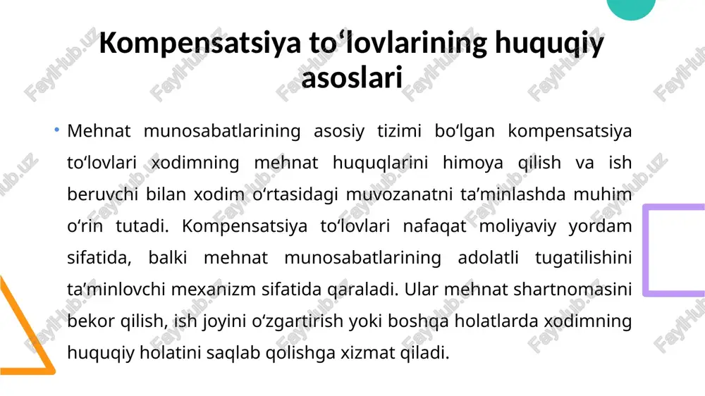 oy (odatda uch oy) davomida olgan ish haqi bo‘lib, unda asosiy ish haqi, qo‘shimcha to‘lovlar va mukofotlar hisobga olinadi ish stajiga qarab miqdorini belgilash kompensatsiya miqdori xodimning tashkilotdagi mehnat stajiga bog‘liq holda o‘zgaradi qo‘shimcha komponentlar hisob-kitobda foydalanilmagan ta’til kunlari uchun kompensatsiya, xizmat safarlari xarajatlari va boshqa mehnat majburiyatlari bilan bog‘liq yo‘qotishlar ham hisobga olinadi. ish beruvchining javobgarligi 13 to‘lovlarni ta’minlash majburiyati axborot va hujjatlashtirish qo‘shimcha mas’uliyatlar xulosa kompensatsiya to‘lovlari tizimi zamonaviy jamiyatning ijtimoiy va huquqiy asoslarini mustahkamlashda muhim rol o‘ynaydi. ushbu mavzuni o‘rganish orqali biz ko‘rdikki, bu mexanizm nafaqat mehnat huquqlarini himoya qilish, balki zarar ko‘rgan shaxslarga moddiy va axloqiy qo‘llab-quvvatlashni ta’minlash vositasi sifatida xizmat qiladi. o‘zbekiston qonunchiligidagi aniq normalar, shuningdek, xalqaro tajribalar – aqsh va yevropa mamlakatlaridagi sud amaliyotlari – kompensatsiyalarning adolatli va samarali qo‘llanilishi uchun asosiy yo‘nalishlarni belgilab beradi foydalanilgan adabiyotlar • o‘zbekiston respublikasi mehnat kodeksi (yangi tahrir) https://lex.uz • “mehnatni muhofaza qilish to‘g‘risida”gi qonun https://lex.uz/docs/101597 • o‘zbekiston …