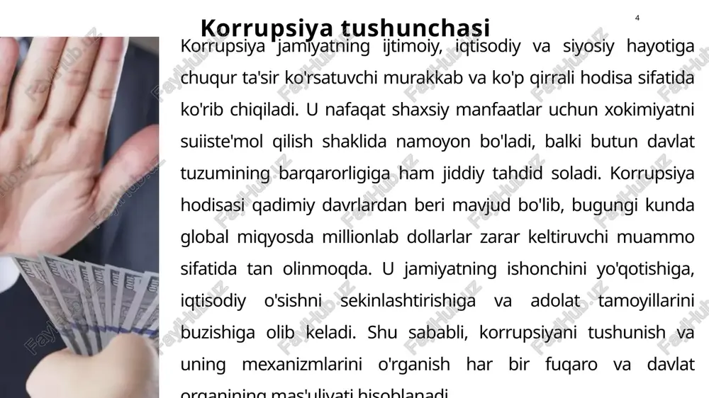 dorlarning pora olish amaliyoti misr, rim, xitoy manbalarida uchraydi o‘rta asrlar davri feodal tuzumda soliq to‘lovchilarni qiynash, mansabni sotib olish yevropa qirolliklarida keng tarqalgan mustamlakachilik davri mahalliy boshqaruvchilarni pora bilan boshqarish britaniya hindistoni, afrika koloniyalari xx asrda islohotlar xalqaro tashkilotlar tomonidan antikorrupsiya mexanizmlarining shakllanishi bmt, oecd hujjatlari hozirgi global tendensiyalar raqamlashtirish orqali nazorat kuchayishi e-gov, davlat xaridlarining ochiqligi korrupsiyaga qarshi kurash huquqiy islohotlar, maxsus agentliklar, jamoatchilik nazorati o‘zbekiston antikorrupsiya agentligi milliy chora-tadbirlar qonunchilikni takomillashtirish, profilaktika, monitoring “korrupsiyaga qarshi kurashish to‘g‘risida”gi qonun xulosa 14 korrupsiya insoniyat tarixining ajralmas qismi bo'lib, qadimiy davlatlardan tortib zamonaviy jamiyatlargacha o'z izini qoldirgan. u nafaqat shaxsiy manfaatlar uchun vakolatlarni suiiste'mol qilish, balki jamiyatning ijtimoiy-iqtisodiy rivojiga jiddiy to'sqinlik qiluvchi omil sifatida namoyon bo'ladi. tarixiy misollar — shumer qonunlaridan tortib rim imperiyasidagi poraxo'rlikgacha — ko'rsatadiki, korrupsiya har doim qattiq kurash talab etgan, ammo uning ildizlari kuchli bo'lgani uchun to'liq yo'qotish qiyin. kelajakda islohotlarni chuqurlashtirish, sud mustaqilligini kuchaytirish va …