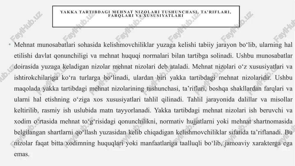 da qabul qilingan bo‘lib, keyinchalik bir qator o‘zgartirish va qo‘shimchalar bilan takomillashtirildi. mehnat kodeksining 261-275-moddalari mehnat nizolarini ko‘rib chiqish tartibini belgilab, yakka tartibdagi mehnat nizolarini hal qilishning asosiy huquqiy manbai sifatida xizmat qiladi. mkning 261-moddasida mehnat nizosi “ishchi va ish beruvchi o‘rtasida mehnat munosabatlari yuzasidan kelib chiqadigan kelishmovchilik” sifatida ta’riflanadi. bu kelishmovchiliklar ish haqi, mehnat shartlari, dam olish vaqti yoki ishdan bo‘shatish kabi masalalar bo‘yicha yuzaga kelishi mumkin.mehnat kodeksidan tashqari, mehnat nizolarini tartibga solishda boshqa normativ-huquqiy hujjatlar ham muhim ahamiyatga ega. ishchi va ish beruvchi o‘rtasidagi nizolarni hal qilishda normativ huquqiy bazaning roli normativ-huquqiy baza mehnat nizolarini hal qilishda asosiy yo‘naltiruvchi va tartibga soluvchi vosita sifatida xizmat qiladi. bu baza nafaqat nizolarni ko‘rib chiqish tartibini belgilaydi, balki tomonlarning huquq va majburiyatlarini aniq chegaralab beradi. ishchi va ish beruvchi o‘rtasidagi munosabatlarda adolatli yechim topishda qonunchilikning roli quyidagi jihatlarda namoyon bo‘ladi:huquqiy aniqlik va barqarorlik: mehnat kodeksi va boshqa normativ hujjatlar nizolarni hal …