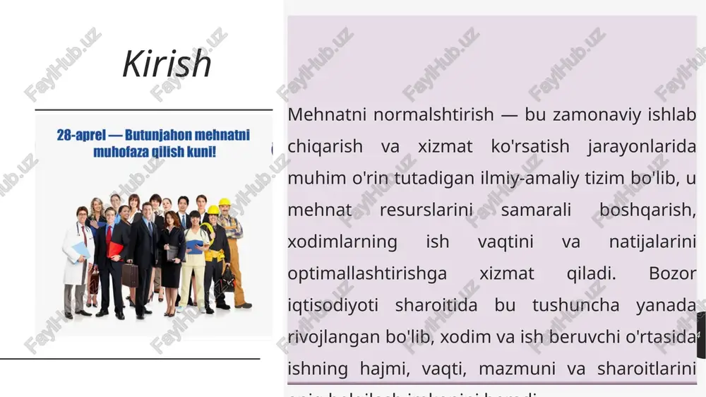 ko‘rsatadi ta’mirlash, texnik xizmat, savdo, it bir usta 10 ta uskuna uchun mas’ul shtatlar normasi lavozimlar soni va ularning yuklamasini belgilaydi tashkiliy tuzilmalar, muassasalar 1 buxgalter 40 nafar xodim hujjatlarini yuritadi vazifa normasi xodim bajarishi lozim bo‘lgan funksional vazifalarni belgilaydi barcha tashkilotlar operatorning kunlik topshiriqlari ro‘yxati texnologik me’yorlar material, energiya va texnik resurslar sarfini belgilaydi sanoat, qurilish, ishlab chiqarish 1 tonna mahsulotga 20 kvt energiya mehnat sharoiti me’yorlari xodimga zarur bo‘lgan mehnat muhitini belgilaydi ishlab chiqarish, ofislar, xizmat sektori yoritish, harorat, xavfsizlik me’yorlari normalarni qayta ko‘rish tartibi sharoit o‘zgarganda normani yangilash mexanizmi hammasida texnika almashganda normani qayta hisoblash mehnatni normalshtirish — bu mehnat munosabatlarini tartibga solish, unumdorlikni oshirish va xodimlar huquqlarini himoya qilishning muhim mexanizmi bo'lib, zamonaviy iqtisodiyotda korxonalar samaradorligini ta'minlashda markaziy o'rin tutadi. u orqali ish vaqti, hajmi va sharoitlari aniq belgilab, adolatli mehnat to'lovini ta'minlash mumkin. o'zbekiston mehnat kodeksiga asosan, normalshtirishning turli turlari (vaqt, ishlab chiqarish, xodimlar soni …