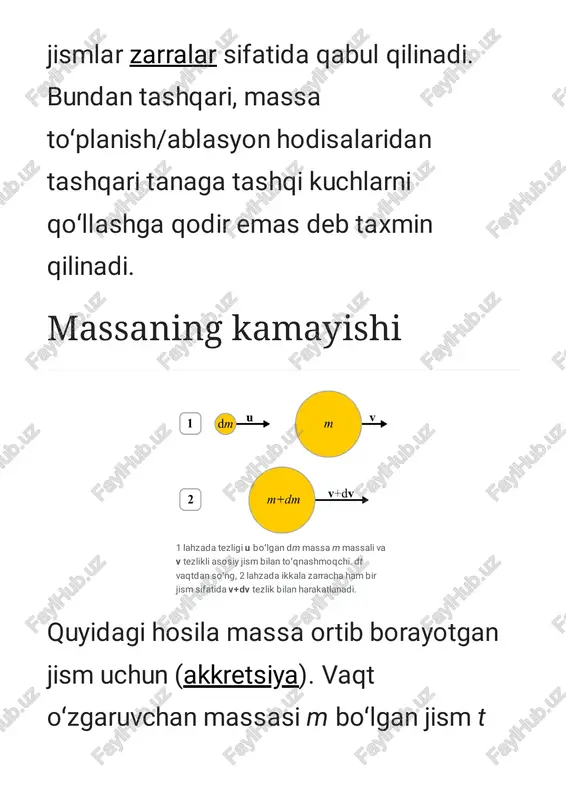 hlar taʼsir qilmasa (fext = 0) oʻzgaruvchan massali tizimning harakat tenglamasi quyidagiga kamayadi. https://uz.m.wikipedia.org/wiki/konstantin_siolkovskiy https://uz.m.wikipedia.org/wiki/raketa agar otilgan yoqilgʻining tezligi vrel raketaning tezlanishiga qarama-qarshi yoʻnalishga ega deb hisoblansa, dv / dt, bu tenglamaning skalyar ekvivalentini quyidagicha yozish mumkin. shunday dt berishni bekor qilish mumkin oʻzgaruvchilarni ajratish orqali integratsiya beradi https://uz.m.wikipedia.org/wiki/skalar δv = v1 — v0 ni qayta tartibga solish va ruxsat berish orqali ideal raketa tenglamasining standart shakliga erishiladi: bu yerda m0 — boshlangʻich umumiy massa, shu jumladan propellant, m1 — yakuniy umumiy massa, vrel — samarali egzoz tezligi (koʻpincha ve deb belgilanadi) va δv — avtomobil tezligining maksimal oʻzgarishi boʻlmaganda tashqi kuchlar harakat qiladi). 1. kleppner, d.. an introduction to mechanics (https://archive.org/details/introductionto me00dani/page/133) . london: mcgraw- hill [1973], 1978 — 133–139 (https://archi ve.org/details/introductiontome00dani/pa ge/133) bet. isbn 0-07-035048-5. 2. basavaraju, g. mechanics and thermodynamics. tata mcgraw-hill, 1985-02-01 — 162–165 bet. isbn 978-0-07-451537-2. 3. plastino, angel r.; muzzio, juan c. (1992). "on …