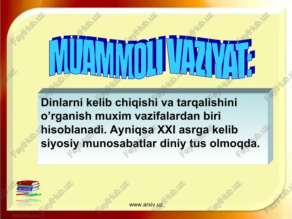 o’tadi. konfutsiy ilm tahsilini olgach, 19 yoshida uylanadi. birinchi marta u omborchi vazifasiga ishga tayinlanadi. u bir necha yillar davomida turli podshohlar qo’l ostida ishlagandan keyin yoshlarga ta’lim berishga kirishadi. yangi ustozning ong haqidagi fikrlari, chuqur ma’noli so’zlari mamlakat bo’ylab keng tarqaladi. shundan so’ng konfutsiy huzuriga mamlakatning turli mintaqalaridan ilmga chanqoq yoshlar oqib kela boshlaydilar. u ilm istab keluvchilarga hech qachon rad javobini bermas edi. konfutsiyning 3000 ga yaqin shogirdlari orasida 72 eng ko’zga ko’ringan izdoshlari orasida mamlakatning obro’li xonadonlaridan bo’lgan kishilar bilan bir qatorda kambag’al, oddiy kishilar ham bo’lgan. konfutsiy maktabi qadimgi xitoyda asta-sekin katta ta’sir doirasiga ega bo’lib bordi. uning ko’plab shogirdlari qadimgi xitoy podshohliklarida e’tiborli mansablarni egalladilar. konfutsiy yoshlar tarbiyachisi va ustozi sifatida keng shuxrat qozonib, ilk xitoy ma’rifatparvari nomiga sazovor bo’lgan bo’lsa, u tomonidan taklif qilingan islohotlarning amalga oshirilishida buning aksi bo’ldi. www.arxiv.uz www.arxiv.uz