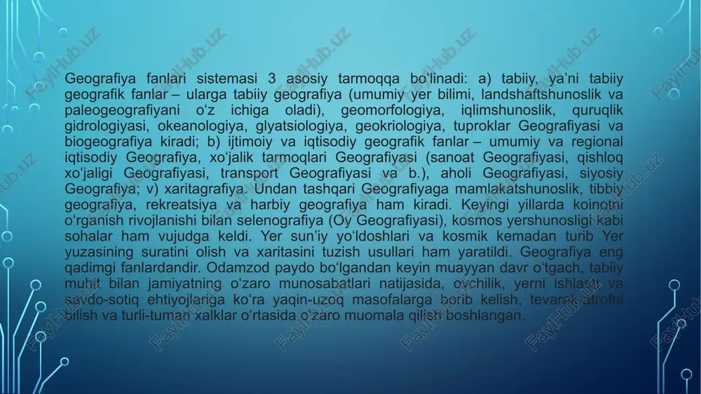 lar. birinchidan, kompetensiyaviy yondashuv geografiya ta’limining markaziga aylandi. dts va o‘quv dasturlarida geografik bilimlar bilan bir qatorda, geografik xarita bilan ishlash, gis asoslarini tushunish, tabiiy jarayonlarni tahlil qilish, ekologik fikrlash kabi amaliy ko‘nikmalarni shakllantirish ustuvor vazifa sifatida belgilandi. ikkinchidan, raqamli ta’lim resurslari va texnologiyalar geografiya faniga tubdan yangicha yondashuv olib kirdi. interaktiv xaritalar, 3d modellar, google earth, arcgis, qgis kabi ilovalar, masofaviy zondlash tasvirlari o‘quvchilarga geografik jarayonlarni ko‘rish, qiyoslash va tahlil qilish imkonini kengaytirmoqda. uchinchidan, geografiya fani global ekologik muammolarni o‘rganishda markaziy ahamiyat kasb etmoqda. iqlim o‘zgarishi, biosfera degradatsiyasi, suv tanqisligi, urbanizatsiya, migratsiya, tabiiy ofatlar xavfi kabi masalalar geografiyaning zamonaviy tadqiqot maydonida muhim o‘rin egallaydi. tdlr doirasida ushbu muammolarni o‘quv jarayoniga integratsiya qilish orqali o‘quvchilarda ekologik mas’uliyat, barqaror rivojlanish madaniyati va tabiatga ongli munosabat shakllantirish ko‘zda tutilmoqda.yana bir muhim tendensiya — ilmiy-integrativ yondashuvdir. geografiya biologiya, ekologiya, iqtisodiyot, tarix, axborot texnologiyalari bilan uzviy bog‘lanib, fanlararo loyiha va tadqiqotlar uchun keng imkoniyat …
