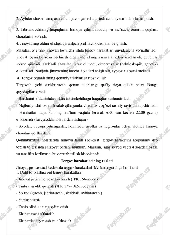 i noqonuniy deb topish to’g’risida shikoyat berishi mumkin. masalan, agar so’roq vaqti 4 soatdan oshsa va tanaffus berilmasa, bu qonunbuzilish hisoblanadi. tergov harakatlarining turlari jinoyat-protsessual kodeksda tergov harakatlari ikki katta guruhga bo’linadi: 1. dalil to’plashga oid tergov harakatlari: - jinoyat joyini ko’zdan kechirish (jpk 166-modda) - tintuv va olib qo’yish (jpk 177–182-moddalar) - so’roq (guvoh, jabrlanuvchi, shubhali, ayblanuvchi) - yuzlashtirish - tanib olish uchun taqdim etish - eksperiment o’tkazish - ekspertiza tayinlash va o’tkazish 2. majburlash choralariga oid tergov harakatlari: - hibsga olish - tergovdan yashirinmaslik to’g’risida tilxat olish - vaqtincha chetlatish va boshqalar tergov harakatlarining tizimi va o’zaro bog’liqligi tergov harakatlari bir-biri bilan uzviy bog’liq tizimni tashkil etadi. masalan: - jinoyat joyini ko’zdan kechirish → moddiy dalillar topiladi → ekspertiza tayinlanadi → ekspert xulosasi olinadi → guvohlar so’roq qilinadi → yuzlashtirish o’tkaziladi → ayblov xulosasi tuziladi.bu zanjirning har bir bo’g’ini oldingisiga asoslanadi. agar birinchi bo’g’in (jinoyat joyini ko’zdan kechirish) …