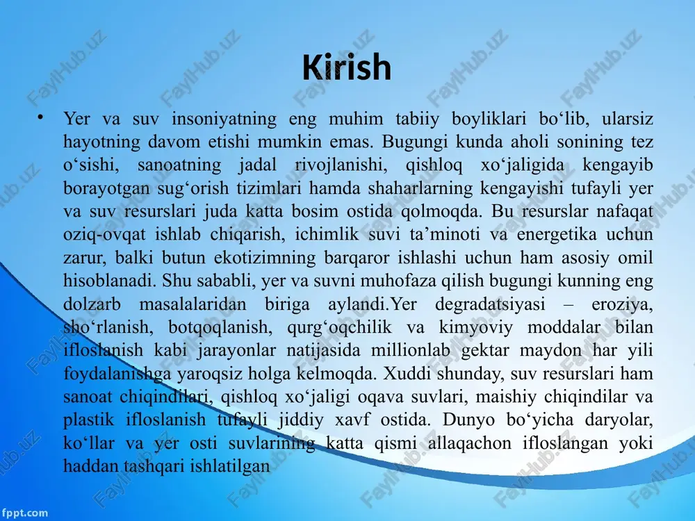 rrigatsiya suvi qishloq xo‘jaligi ehtiyojlari uchun eng katta hajmda ishlatiladigan suv turi hisoblanadi. respublikada sug‘oriladigan yerlarning 98 foizdan ortig‘i irrigatsiya suviga bog‘liq bo‘lib, bu suv asosan amudaryo, sirdaryo, zarafshon va boshqa daryolardan olinadi. yer va suvlarni muhofaza qilishning davlat nazorati va ekologik boshqaruv tizimi o‘zbekiston respublikasida yer va suv resurslarini muhofaza qilish davlat siyosatining ustuvor yo‘nalishlaridan biri hisoblanadi. ushbu sohada davlat nazorati va ekologik boshqaruv tizimi tabiiy resurslardan oqilona foydalanish, atrof-muhitning ifloslanishini oldini olish hamda ekologik xavfsizlikni ta’minlashga qaratilgan murakkab mexanizmlarni o‘z ichiga oladi. mazkur tizim o‘zbekiston respublikasi konstitutsiyasi, “atrof-muhitni muhofaza qilish to‘g‘risida”gi qonun, “yer to‘g‘risida”gi, “suv va suvdan foydalanish to‘g‘risida”gi qonunlar hamda boshqa normativ-huquqiy hujjatlarga asoslanadi. 2023-yilda davlat ekologiya qo‘mitasi negizida tashkil etilgan ekologiya, atrof-muhitni muhofaza qilish va iqlim o‘zgarishi vazirligi ushbu sohaning markaziy ijro etuvchi organi sifatida faoliyat yuritadi. vazirlikning tuzilmasida hududiy boshqarmalar, inspeksiyalar, ilmiy markazlar va situatsion monitoring bo‘linmalari mavjud bo‘lib, ular yer va suv resurslarining holatini …