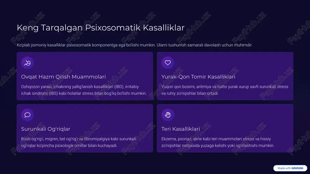 ks yondashuvlar. shaxsiy yondashuv har bir bemorning individual ehtiyojlariga moslashtirilgan davolash rejalari. texnologiya virtual reallik, mobil ilovalar va sun'iy intellekt yordamida ruhiy salomatlikni qo'llab-quvvatlash. 9 xulosa: salomatlikka yaxlit yondashuv psixosomatika bizga salomatlikka yaxlit yondashish muhimligini eslatadi. jismoniy va ruhiy salomatlik bir-biridan ajralmas bo'lib, ularning har ikkisiga ham e'tibor berish to'liq va baxtli hayot kechirish uchun zarurdir. 100% yaxlit salomatlik aql va tana bir butun bo'lib, ularning o'zaro bog'liqligi salomatlikning asosidir. 80% profilaktika stressni boshqarish va sog'lom turmush tarzi psixosomatik kasalliklarning oldini oladi. 95% samarali davolash integratsiyalashgan yondashuv orqali psixosomatik kasalliklarni muvaffaqiyatli davolash mumkin. 10 image1.png image2.png image3.png image8.png image-2-13.svg image4.png image5.png image6.png image7.png image-2-5.svg image-2-9.svg image9.png image10.png image14.png image-4-12.svg image11.png image-4-3.svg image12.png image-4-6.svg image13.png image-4-9.svg image15.png image16.png image17.png image18.png image19.png image20.png image24.png image-9-12.svg image21.png image-9-3.svg image22.png image-9-6.svg image23.png image-9-9.svg image25.png image26.png image27.png image28.png image29.png