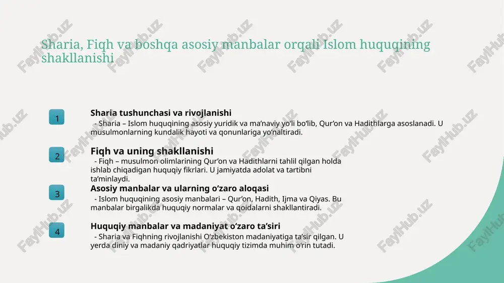 huquqi integratsiyasi o‘zbekiston tarixida islom huquqi mahalliy an’analarga moslashgan holda rivojlanib, davlat va diniy tashkilotlar bilan hamkorlikda zamonaviy huquq tizimiga muvofiqlashtirilmoqda. foydalanilgan adabiyotlar 1. islom huquqi va manbalari. toshkent: o‘zbekiston milliy universiteti nashriyoti, 2018. 2. shukurov, d. islomi huquqining rivojlanishi va asosiy manbalari. o‘zbekiston diniy jurnali, 2020. 3. qur’on va hadithlarning huquqiy manbalari. samarqand: samarqand davlat universiteti nashriyoti, 2019. 4. ilhomov, a. o‘zbekiston madaniyatida islom huquqi va zamonaviy o‘zgarishlar. farg‘ona: farg‘ona davlat universiteti nashriyoti, 2021. 5. yusufov, m. islomi huquq tizimining asosiy manbalari. toshkent: adabiyot va san’at nashriyoti, 2017. e'tiboringiz uchun rahmat! /docprops/thumbnail.jpeg