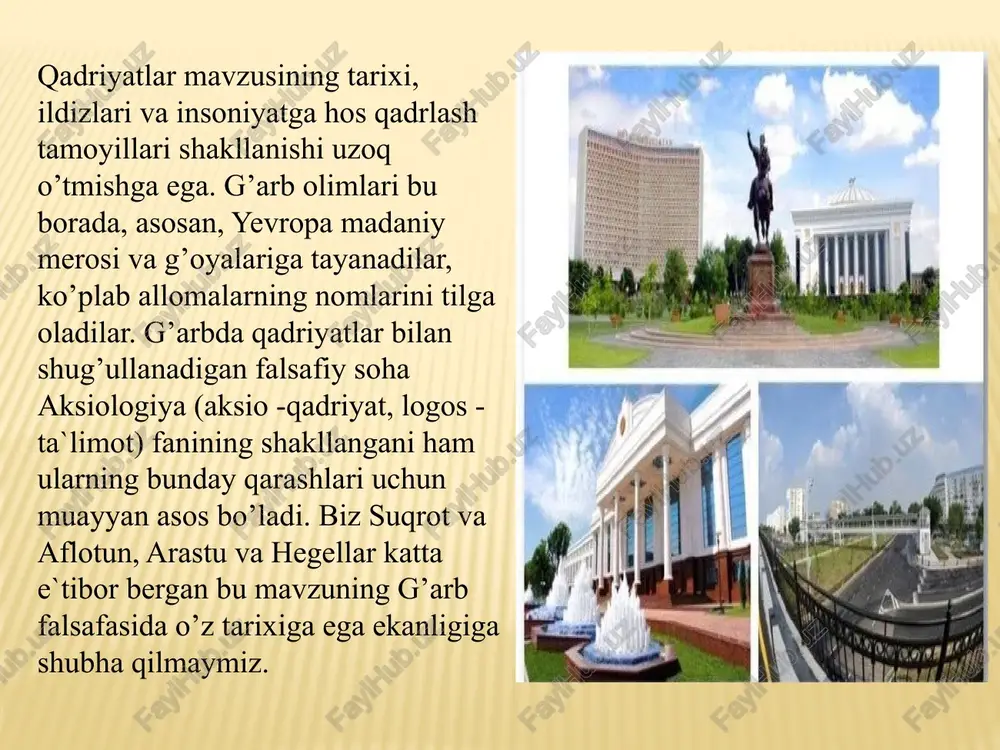 niyatiga yanada kattaroq ta`sir ko’rsatishi mumkin edi. afsuski, bolsheviklar boshlagan siyosiy jarayonlar bu avlodning boy merosini o’z domiga tortdi, uning taqdiri ayanchli kechdi, ta`qiqlab qo’yildi. mustaqillik va qadriyatlar mavzusi. istiqlol yillarida o’zbekistonda bu mavzuga umuminsoniy tamoyillar asosida yondashish shakllandi. bunday qarashning vujudga kelishi, qadriyatlarning ijtimoiy va ma`naviy yangilanishi, jamiyat a`zolarining kamoloti hamda yoshlar tarbiyasidagi ahamiyati masalalariga davlat miqyosida yuksak e`tibor ko’rsatilayotganligi mazkur soha rivojining bosh yo’nalishidir. qadriyatlarni mustaqillikni mustahkamlashning ma`naviy omillaridan biri sifatida qadrlanishi borasidagi ijobiy jarayonlar tadqiqotlarni ko’paytirish, ularga nisbatan mas`uliyatni yanada oshirishni taqozo qilmoqda. istiqlol asrlar davomida shakllangan o’ziga hos sharqona va o’zbekona qadrlash masalalari va me`yorlarini qayta tiklash hamda zamonaviy talablar darajasida takomillashtirishni kun tartibiga qo’ydi. mustaqillik istiqlol davrining eng asosiy qadriyatidir. qadriyatning mazmuni va ahamiyati «baho» tushunchasida to’la-to’kis aks etmasligi, turlicha ifodalanishi ham mumkin. qadriyatning haqiqiy qadrini, mazmuni va ahamiyatini bahosiga qarab aniqlash qiyin bo’ladigan hollar ham uchraydi. aslida qadriyatning qadrini bilish, uning ahamiyatini anglab olish …