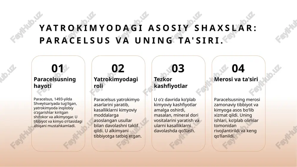 rilgan kimyoviy kashfiyotlar, dorivor o'simliklar va mineral moddalarning tibbiyotda qo'llanilishi bilan bog'liq yutuqlarni o'z ichiga oladi. o'zbekistondagi yatrokimyo tarixi va uning rivoji. o'zbekistonda yatrokimyo tarixi, asosan, abu ali ibn sino va boshqa o'zbek olimlarining yutuqlari bilan bog'liq. ular kimyoviy jarayonlarni tibbiyotda qo'llash orqali dori ishlab chiqarishni rivojlantirdilar. o'zbekistonda alkimya va yatrokimyo o'rtasidagi munosabatlar, tibbiy kashfiyotlarga katta ta'sir ko'rsatdi. o'zbekistonlik olimlar va ularning kimyoviy kashfiyotlari. abu ali ibn sino abu ali ibn sino, mashhur o'zbek shifokori va faylasufi, kimyoda bir qator yangi usullarni ishlab chiqdi, shuningdek, dorivor o'simliklar haqida asarlar yozdi. al-khwarizmi muhammad al-khwarizmi, matematik va kimyoviy formulalar asoschisi, ko'plab kimyoviy kashfiyotlar bilan tanilgan, u o'z asarlarida algebra va kimyoni birlashtirdi. al-farabi al-farabi, o'zbek alimi, kimyo va tabiiy fanlar bo'yicha bir qator innovatsion g'oyalar bilan mashhur bo'lib, dorilar tayyorlash jarayonida muhim hissalar qo'shgan. ibn al-haytham ibn al-haytham, optika va kimyo sohalarida yetakchi bo'lib, o'z ilmiy ishlari orqali kimyoviy kashfiyotlarga innovatsion yondashuvlarni …