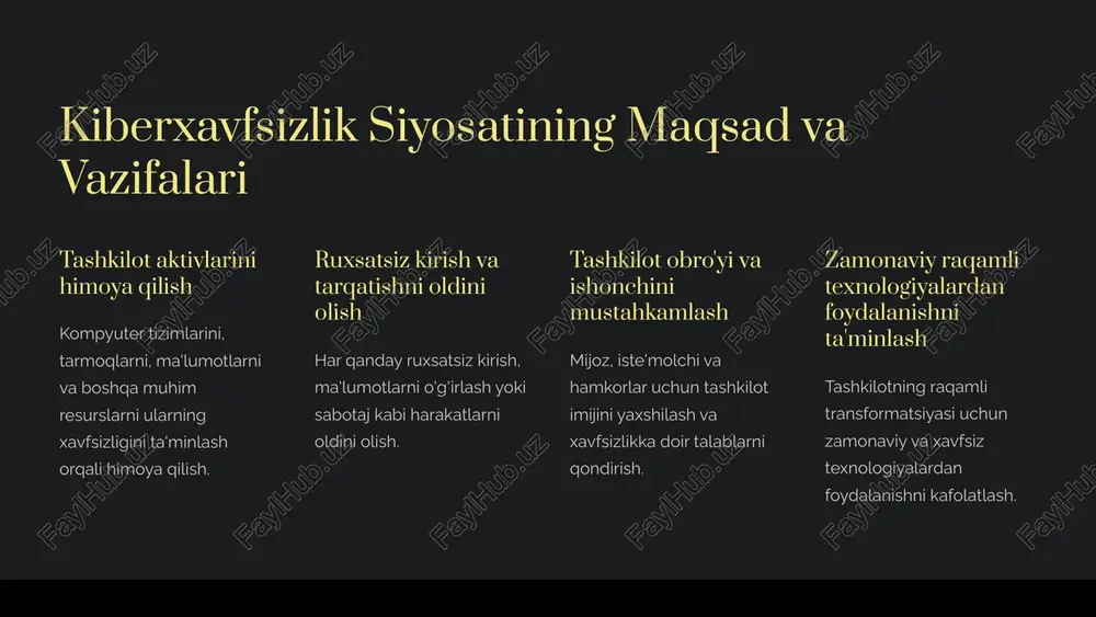 urslarni himoya qilish, xavf-xatarlarga qarshi kurashish va ishonchli faoliyatni ta'minlash uchun muhimdir. xulosa tizimli yondashuv, zarur resurslar va jarayonlarni rivojlantirish, hamda doimiy monitoring va takomillashtirib borish - kiberxavfsizlik siyosatining muvaffaqiyatli amalga oshirilishi uchun muhim omillardir. image1.png image2.png image3.png image4.png image5.png image6.png image7.png image8.png image9.png image10.png image11.png image12.png