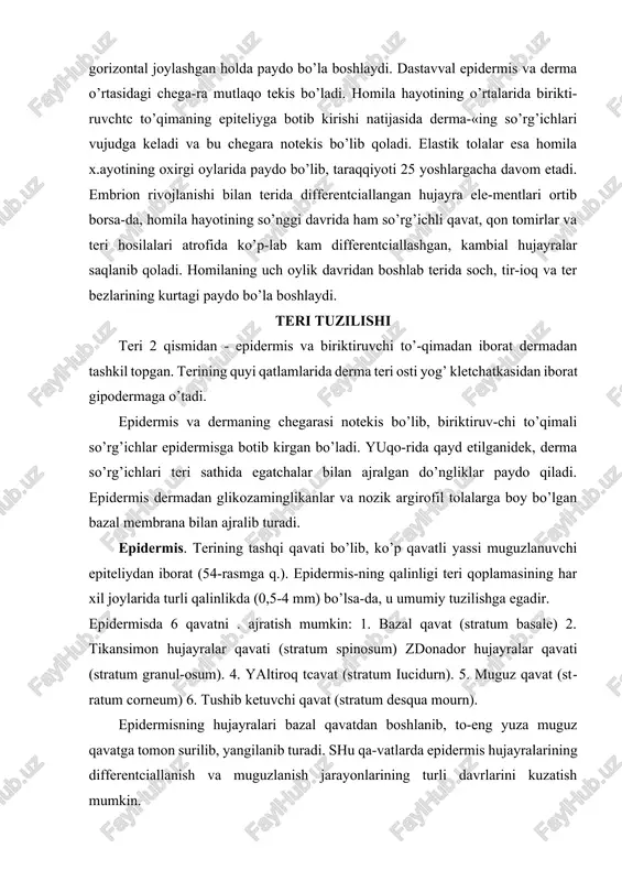 joylarida turli qalinlikda (0,5-4 mm) bo’lsa-da, u umumiy tuzilishga egadir. epidermisda 6 qavatni . ajratish mumkin: 1. bazal qavat (stratum basale) 2. tikansimon hujayralar qavati (stratum spinosum) zdonador hujayralar qavati (stratum granul-osum). 4. yaltiroq tcavat (stratum iucidurn). 5. muguz qavat (stratum corneum) 6. tushib ketuvchi qavat (stratum desqua mourn). epidermisning hujayralari bazal qavatdan boshlanib, to-eng yuza muguz qavatga tomon surilib, yangilanib turadi. shu qa-vatlarda epidermis hujayralarining differentciallanish va muguzlanish jarayonlarining turli davrlarini kuzatish mumkin. bazal tcavat epidermisning eng quyi qatlami hisoblanib, der-madan bazal membrana orqali ajralib turadi (149-rasm). bu qatlam bir qavat joylashgan 2 xil - bazal (epidermotcitlar) va pigment hujayralari - melanotcitlardan iborat. bazal hujayralar bir qator bo’ychan, tcilindrsimon hujayralar-dan tashkil topgan. bu hujayralarning oval yadrosi xromatinga boy bo’lib, hujayra tcitoplazmasi bazofil xususiyatga ega. bazal hujayralar o’zaro desmosomalar orqali birikadi. hujayralar oralig’ida yoriqlar bo’lib, shu tuzilmalar bo’ylab to’qima suyuq-ligi harakat qiladi. hujayralarning nozik tuzilishida barcha organellalar qatori yadro atrofida …
