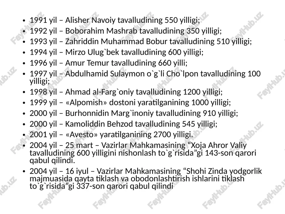ustaqillik yillarida 40 ming o`zbekistonliklar makka va madinada haj safarida bo`ldi. yuzlab masjidlar musulmonlarga qaytarildi, yangilari barpo etildi. hozir “islom nuri” gazetasi chiqmoqda. qur`oni karim 8 marta 1 mln. nusxada nashr etildi. bu tadbirlar nafaqat dindorlar uchun qilingan marhamat bo`lib qolmay, ular aslida xalqimizning qadimiy rasm-rusum udumlari, qadriyatlarining tiklanishi, ajdodlar ruhining qayta uyg`onishidir. prezidentning 1992 yil 7 martdagi farmoni bilan islom dini va uning ma`naviy imkoniyatlaridan keng foydalanish maqsadida respublika vazirlar mahkamasi huzurida din ishlari bo`yicha qo`mita tashkil etildi. uning tasarrufida islom instituti va 10 ta madrasa faoliyat ko`rsatmoqda. ularda 1000 dan ortiq talaba-yoshlar ta`lim olmoqdalar. 1999 yilda tashkil etilgan toshkent islom universitetida 750 ta talaba o`qimoqda. o`zbekiston respublikasining konstituciyasida va 1998 yil 30 aprelda yangi tahrirda qabul qilingan “vijdon erkinligi va diniy tashkilotlar to`g`risida”gi davlatning din va dindorlar vakillariga munosabati huquqiy jihatdan aniq belgilab berildi. foydalanilgan adabiyotlar o'zbekiston respublikasi konstitutsiyasi.-t:"o'zbekiston" 2003 y. karimov.i.a.yuksak ma'naviyat - yengilmas kuch. t: " …