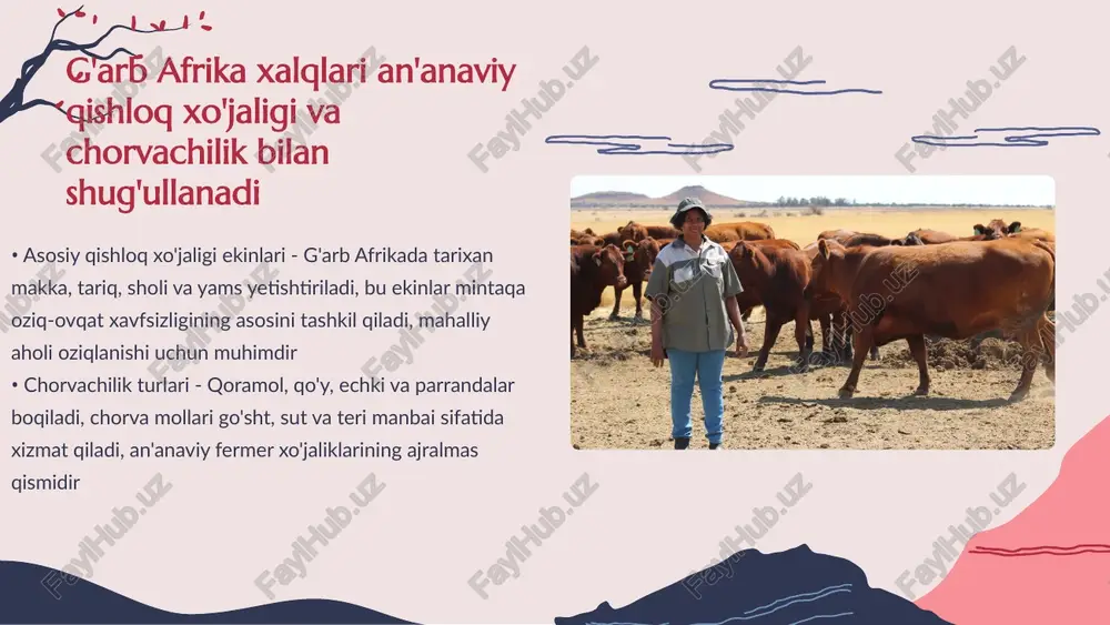 hakllanishiga zamin tayyorladi, mintaqaviy siyosatning rivojlanishiga ta'sir ko'rsatdi bu mintaqada kolonializm ta'siri mahalliy jamiyatlarni o'zgartirgan • neft sanoati - g'arb afrika neft qazib olish va eksportida muhim rol o'ynaydi, nigeriya va angola mintaqaning yetakchi neft ishlab chiqaruvchilari hisoblanadi, neft daromadlari byudjetning asosiy qismini tashkil qiladi • qishloq xo'jaligi - kakao, paxta va yer yong'oq kabi qishloq xo'jaligi mahsulotlari mintaqa iqtisodiyotining muhim tarkibiy qismidir, gana va kot-d'ivuar kakao yetishtirishda jahonda yetakchi o'rinlarni egallaydi g'arb afrika iqtisodiyoti neft va qishloq xo'jaligi mahsulotlariga bog'liq • ranglarning ahamiyati - g'arb afrika liboslarida har bir rang o'ziga xos ma'noga ega qizil rang jasorat va kuchni ifodalaydi ko'k rang tinchlik va osmonni anglatadi sariq rang boylik va yuqori martabani bildiradi ranglar madaniy merosning muhim qismidir • libos turlari - dashiki erkaklar kiyadigan rang-barang ko'ylakdir buba va iro liboslari ayollar uchun mo'ljallangan agbada an'anaviy tantanali libos hisoblanadi bu liboslar maxsus to'qilgan matolardan tayyorlanadi • ramziy naqshlar - …
