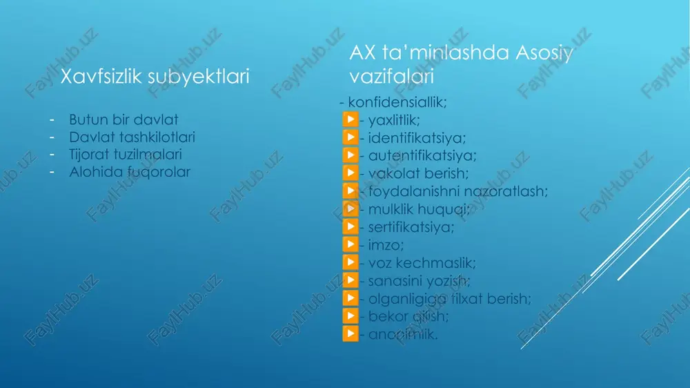 ular bilan mumkin bo‘lgan amallar va so‘rovlarga mos keladigan muhit uchun qoidalarni tahlil qilish asosida foydalanishlarni boshqaradi. ma’murlashning osonligi. 2. rollar iyerarxiyasi. 3. eng kam imtiyoz tamoyili. 4.majburiyatlarni ajratish. bell-lapadul modeli. ushbu model konfidensiallik darajasini hisobga olgan holda, foydalanishning mandatli boshqarish mexanizmlarini formallashtirish uchun ishlatiladi. bell-lapadul modelida tizimdagi subyektlar va obyektlar maxfiylik grifi bo‘yicha taqsimlanadi va quyidagi mualliflik qoidalari bajariladi: 1. “xavfsizlikning oddiy qoidasi” 2. “-xususiyat” (-property). 3. “-qat’iy xususiyat” (-strong property). axborot xavfsizligi sohasiga oid xalqaro standartlar iso/iec 27001:2005 - “axborot texnologiyalari. xavfsizlikni ta’minlash metodlari. axborot xavfsizligini boshqarish tizimlari. talablar”. iso/iec 27002:2005 - “axborot texnologiyasi. xavfsizlikni ta’minlash metodlari. axborot xavfsizligini boshqarishning amaliy qoidalari. ushbu standart axborot xavfsizligini boshqarish tizimini (axbt) ishlab chiqish, joriy etish, uning ishlashi, monitoringi, tahlili, unga xizmat ko‘rsatish va uni takomillashtirish modeli va talablaridan iborat. yashash makoni bo‘yicha kompyuter viruslarining turkumlanishi. fayl viruslari bajariluvchi fayllarga turli usullar bilan kiritiladi (eng ko‘p tarqalgan viruslar xili), yoki fayl-yo‘ldoshlami …