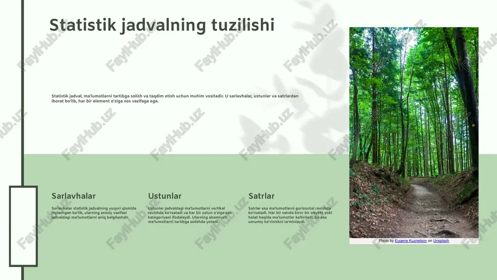 tlar jadvali – atrof-muhit muammolarini aniqlashda yordam beradi. statistik jadval misollari photo by eugene kuznetsov on unsplash 04.26.24 04.26.24 statistik jadvallarni yaratish jarayoni statistik jadvallarni yaratish jarayoni ma'lumotlarni yig'ish va tahlil qilishdan boshlanadi. olingan ma'lumotlar dastlabki tahlil qilinadi va keyin jadvalga kiritiladi, bu jarayon aniq va tushunarli jadvalni taqdim etish uchun muhimdir. tayyorlash bosqichlari ma'lumotlar o'rtasidagi bog'lanishlar statistik jadvalda ko'rsatilishi kerak. bu bog'lanishlar, ma'lumotlarni tahlil qilishda yordam beradi va muhim tendensiyalarni aniqlashga yordam beradi. o'zaro bog'lanishlar yaxshi statistik jadval yaratish uchun quyidagi tavsiyalarga amal qilish kerak: 1) ma'lumotlarni to'g'ri yig'ish; 2) ma'lumotlarni aniq tahlil qilish; 3) jadvalda tushunarli formatni tanlash; 4) jadvalni vizual jihatdan jozibador qilish. jadval yaratish bo'yicha tavsiyalar ushbu tavsiyalarni hisobga olish, statistik jadvallarni yanada samarali va foydali qilish imkonini beradi. to'g'ri tayyorlangan jadval statistik ma'lumotlarni yaxshiroq tushunishga yordam beradi. photo by jane on unsplash 04.26.24 04.26.24 xulosa statistik jadvallar va grafiklar ma'lumotlarni taqdim etish va tahlil qilishda …