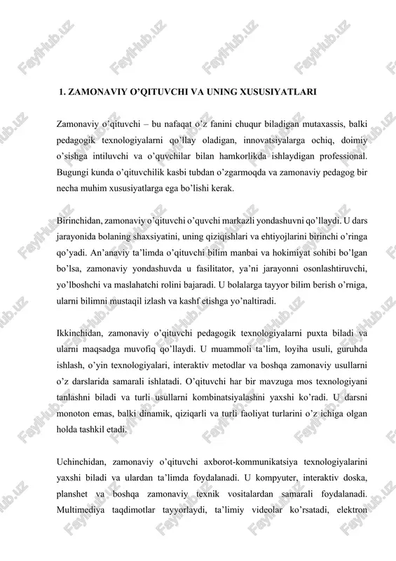 qilish, kreativlik, hamkorlik, kommunikatsiya, o’z-o’zini boshqarish kabi xxi asr ko’nikmalarini ham o’rgatadi. bu ko’nikmalar bolalarning kelajakda muvaffaqiyatli bo’lishlari uchun zarur. o’qituvchi real hayotiy vaziyatlarni darsga olib kiradi, amaliy topshiriqlar beradi, bolalarni atrofidagi dunyoga qiziqish uyg’otadi. sakkizinchidan, zamonaviy o’qituvchi ota-onalar bilan yaqin hamkorlikda ishlaydi. u ota-onalarni bolaning ta’lim jarayoniga jalb qiladi, ularga bolaning yutuqlari va muammolari haqida xabar beradi, maslahat beradi. ochiq darslar, uchrashuv kechalari, ota-onalar uchun seminarlar tashkil etadi. ota-onalar bilan birgalikda bolaning rivojlanish yo’lini belgilaydi va uni amalga oshiradi. ota-onalarni zamonaviy ta’lim texnologiyalari bilan tanishtiradi va ularning qo’llab-quvvatlashiga erishadi. to’qqizinchidan, zamonaviy o’qituvchi kasbiy hamjamiyatda faol ishtirok etadi. u boshqa o’qituvchilar bilan tajriba almashadi, ochiq darslar o’tkazadi, konferensiya va seminar va treninglarda qatnashadi. o’z tajribasini ijtimoiy tarmoqlarda, saytlarda, jurnallarda baham ko’radi. yoshroq hamkasblariga maslahat beradi, ularni qo’llab-quvvatlaydi. doimiy kasbiy o’sishga intiladi va pedagogika sohasidagi yangiliklarga qiziqadi. o’ninchidan, zamonaviy o’qituvchi mas’uliyatli va professional etikaga rioya qiladi. u o’z ishiga vijdonan yondashadi, …