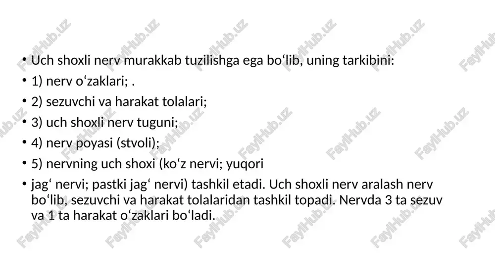 di. uning yuqori jag‘ tishlariga boruvchi tarmoqlari (rr.dentales superiores) yuqori jag‘ tishlarini innervatsiya qiladi; h)yuqori jag‘ millkiga boruvchi shoxlari (rr.gingivales superiores) yuqori jag‘ milkini innervatsiya qiladi. j)ko‘z kosasidan pastdagi nerv burunning ichki tarmoqlari (rr.nasales interni) burun bo‘shlig‘ining oldingi qismi shilliq pardasini innervatsiya qiladi. 2.yonoq nervi (n.zygomaticus) yuqori jag‘ nervidan qanot tanglay chuqurchasida boshlanib, ko‘z kosasining pastki yorig‘i orqali ko‘z kosasiga kiradi. bu yerda ko‘z yoshi nerviga qo‘shiluvchi parasimpatik tolani beradi. keyin nerv yonoq suyagining yonoq-ko‘z kosasi teshigiga kirib, suyak ichida ikki tarmoqqa bo‘linadi. yonoq-chakka tarmog‘i (r.zygomaticotemporalis) o‘z nomidagi teshik orqali chiqib chakka sohasi va ko‘zning tashqi burchagi terisini innervatsiya qiladi. yonoq-yuz tarmog‘i (r.zygomaticofacialis) o‘z nomidagi teshik orqali chiqib, yonoq sohasi terisini innervatsiya qiladi 3.qanot tanglay tuguniga yo‘naluvchi tarmoqlar (rr.ganglionares ad ganglion pterygopalatinum) tarkibida sezuvchi va parasimpatik tolalar bo‘lib, qanot-tanglay tuguni va undan chiquvchi tarmoqlarga qo‘shiladi. qanot-tanglay tuguni (ganglion pterygopalatinum) parasimpatik nerv tizimi tarkibiga kirib, undan quyidagi tarmoqlar chiqadi: a) medial …